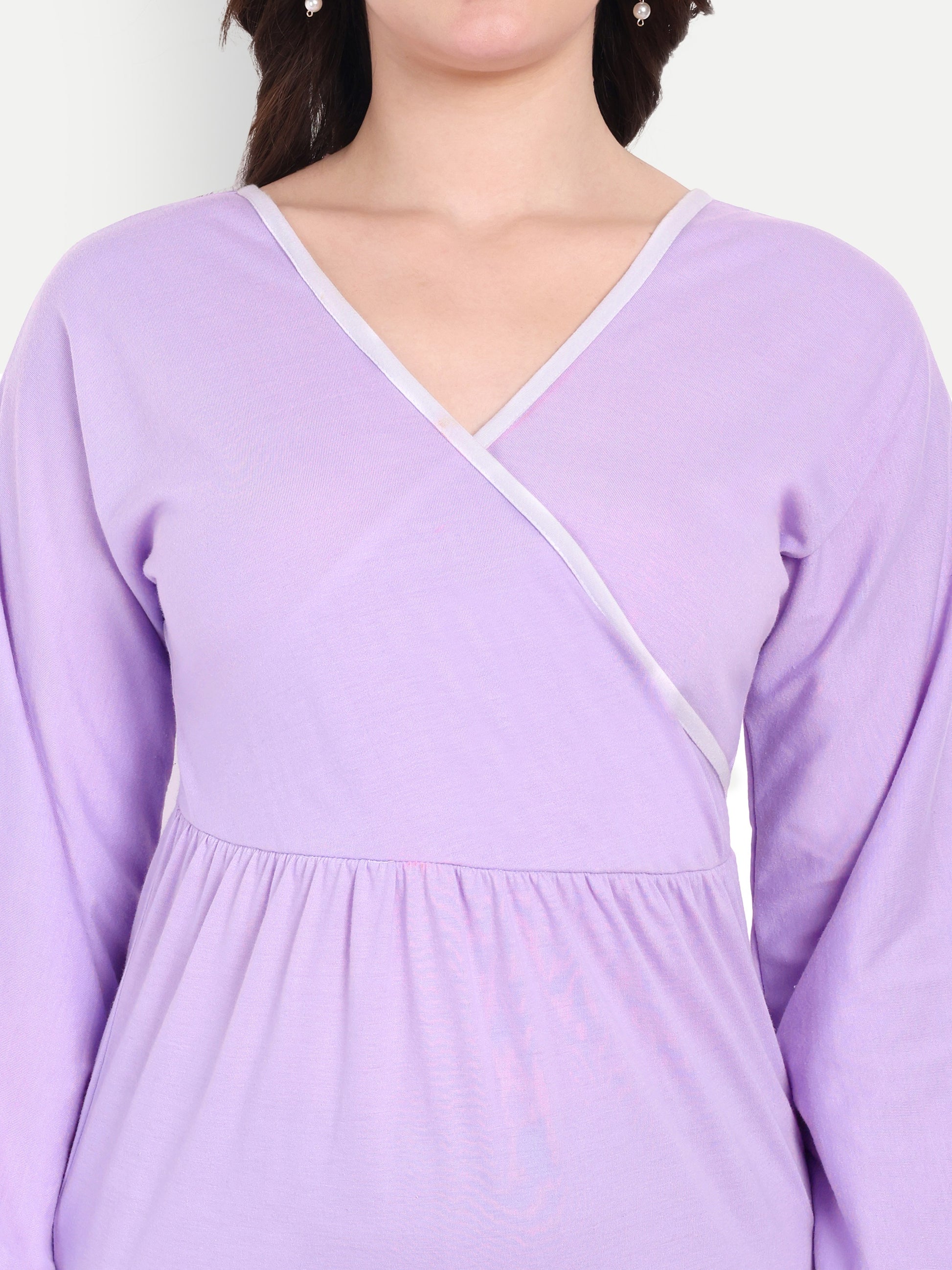 Women's Lilac Bodycon Mini Dress | V-Neck | Long Sleeve | Casual & Party Wear