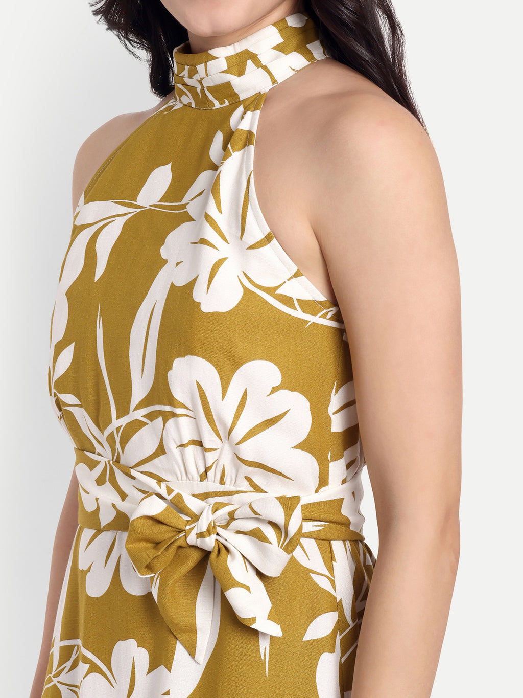 Women's Mustard Yellow & White Floral Halter Neck Midi Dress | Belted Waist | Resort & Summer Wear