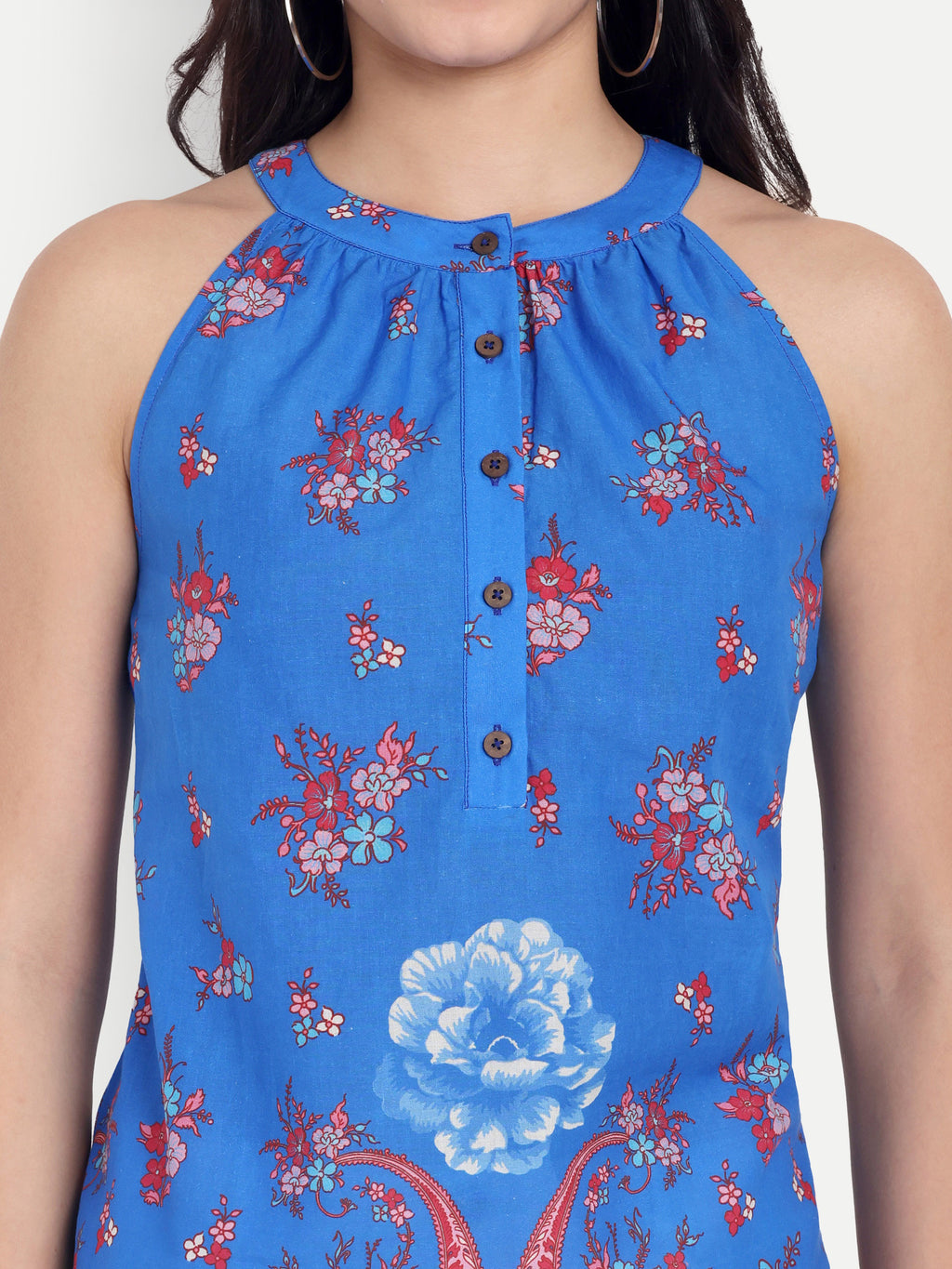 FairLeaf Women's Halter Neck Floral Print Top | Sleeveless Elegant Summer Blue Floral Tunic for Casual, & Office Wear