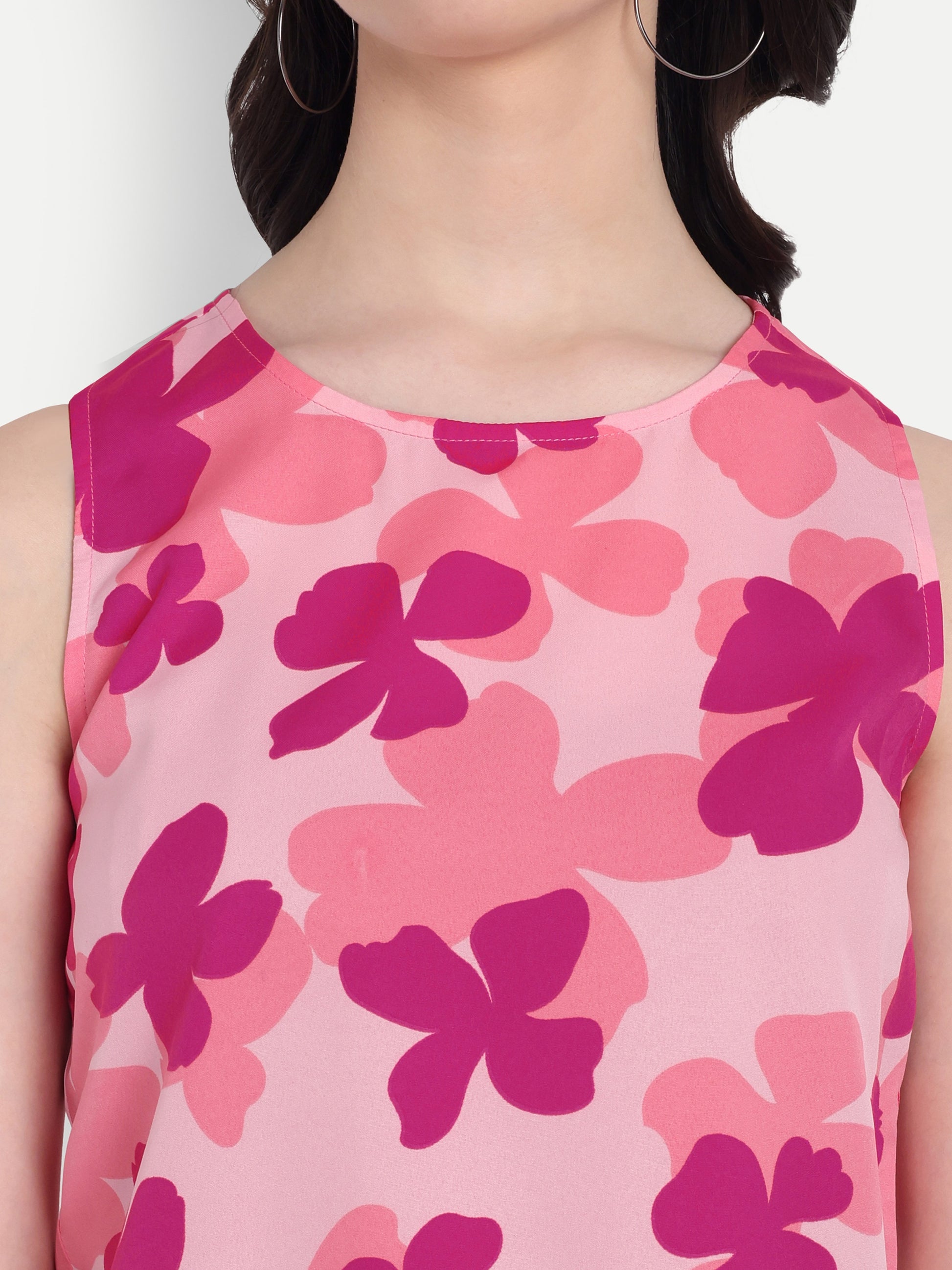 Women's Pink Floral Print Sleeveless Top | Round Neck | Lightweight Casual Summer Wear