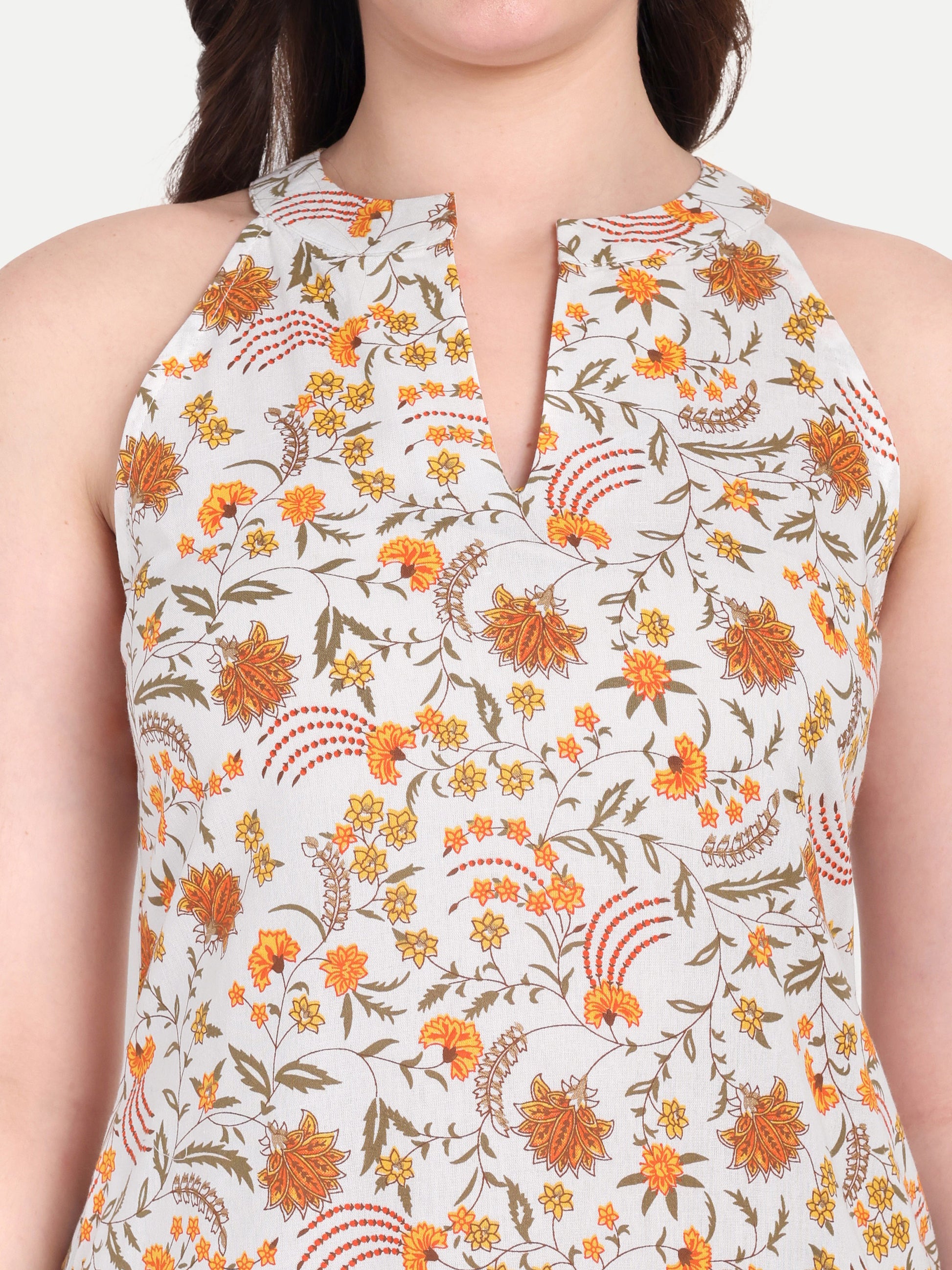 Women's orange Floral Sleeveless Halter Neck Dress | Tiered Hem | Summer Casual & Party Wear