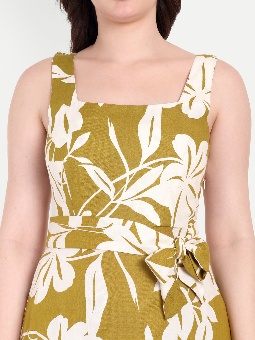 Women's Olive Floral Halter Neck Top with Waist Tie | Sleeveless Casual Wear