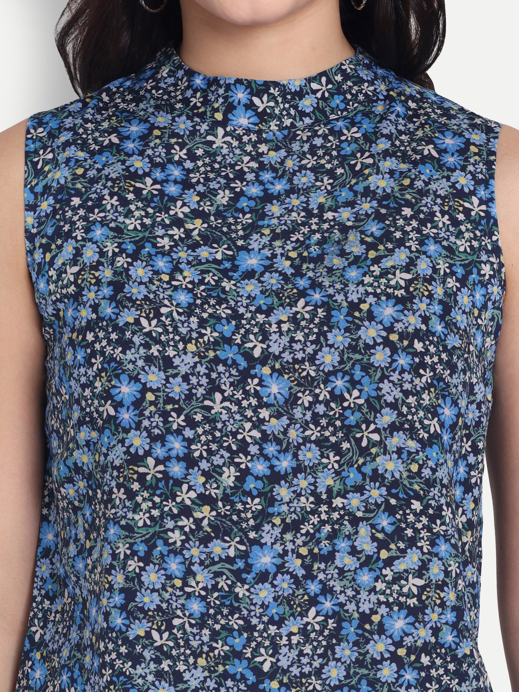 Women's Blue Printed Sleeveless Top | High Neck | Lightweight & Stylish Summer Wear