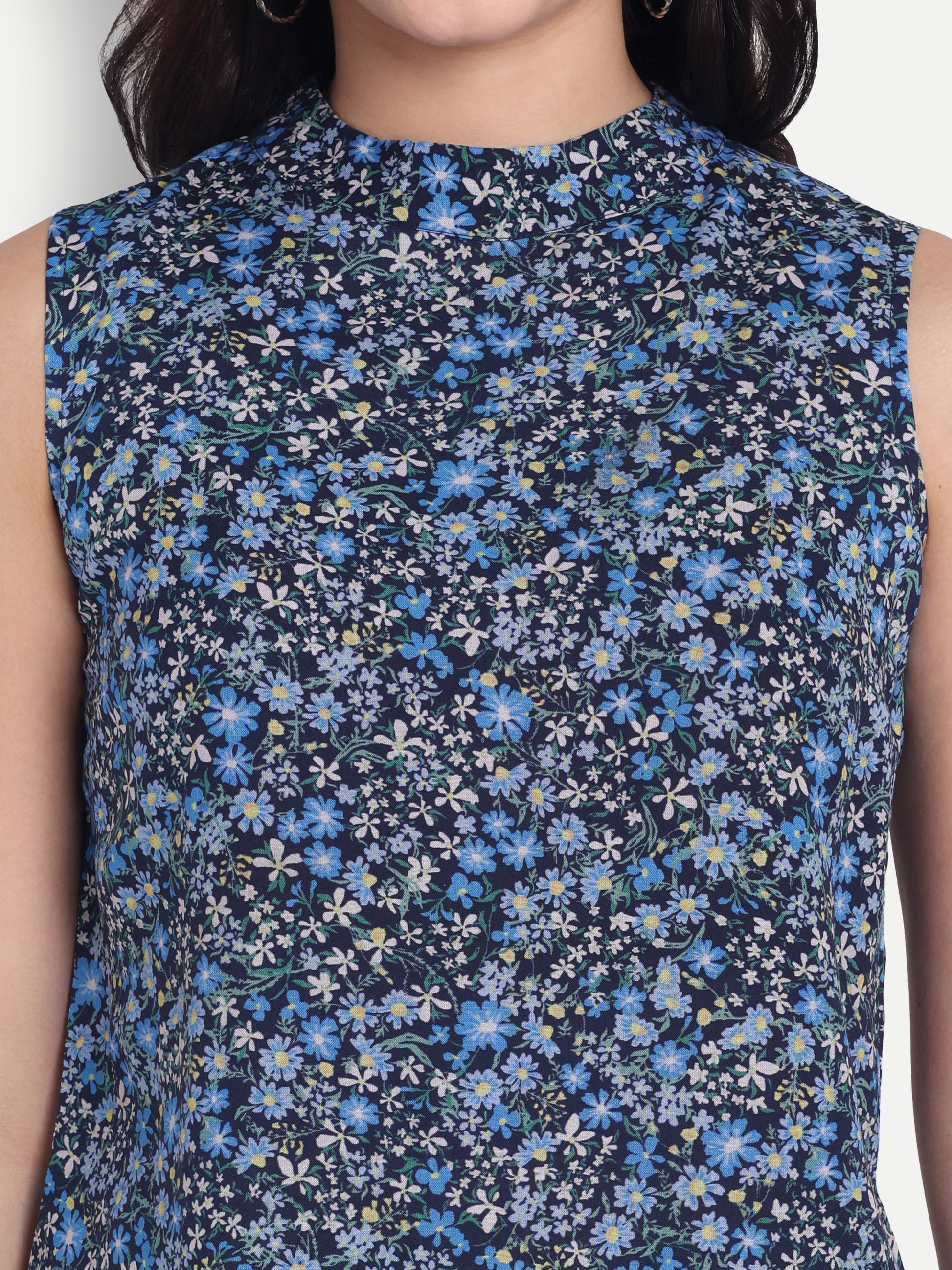 Women's Blue Printed Sleeveless Top | High Neck | Lightweight & Stylish Summer Wear