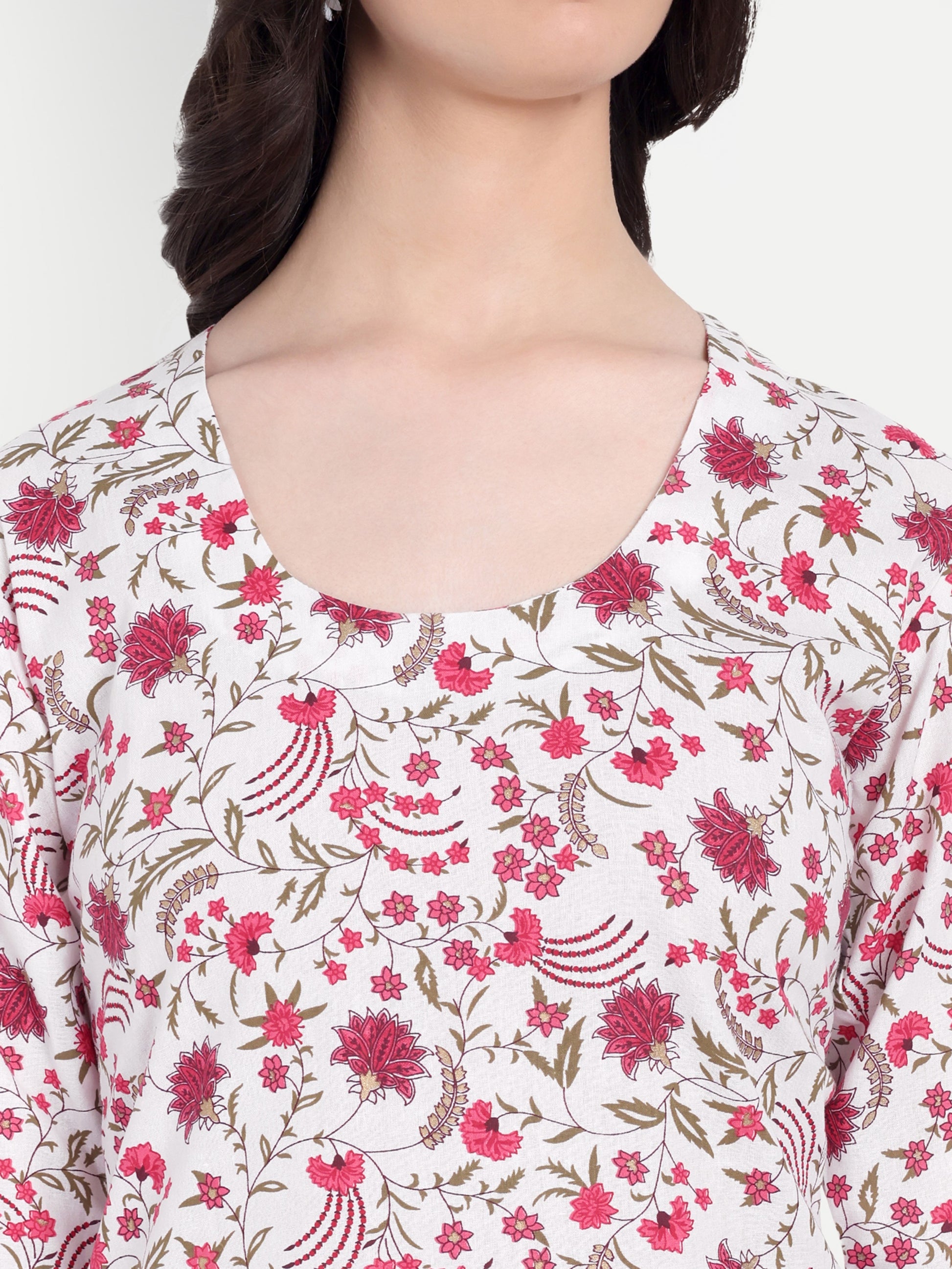 Women's Pink And White Floral Printed Kurta with Straight Pants | Cotton Blend | Ethnic Wear