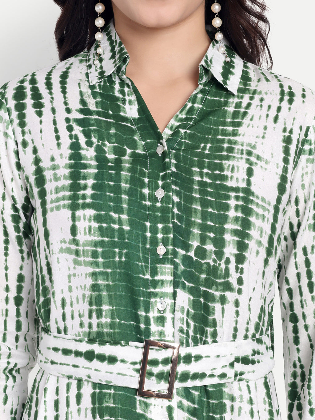 Green & White Tie-Dye Shirt Dress with Belt