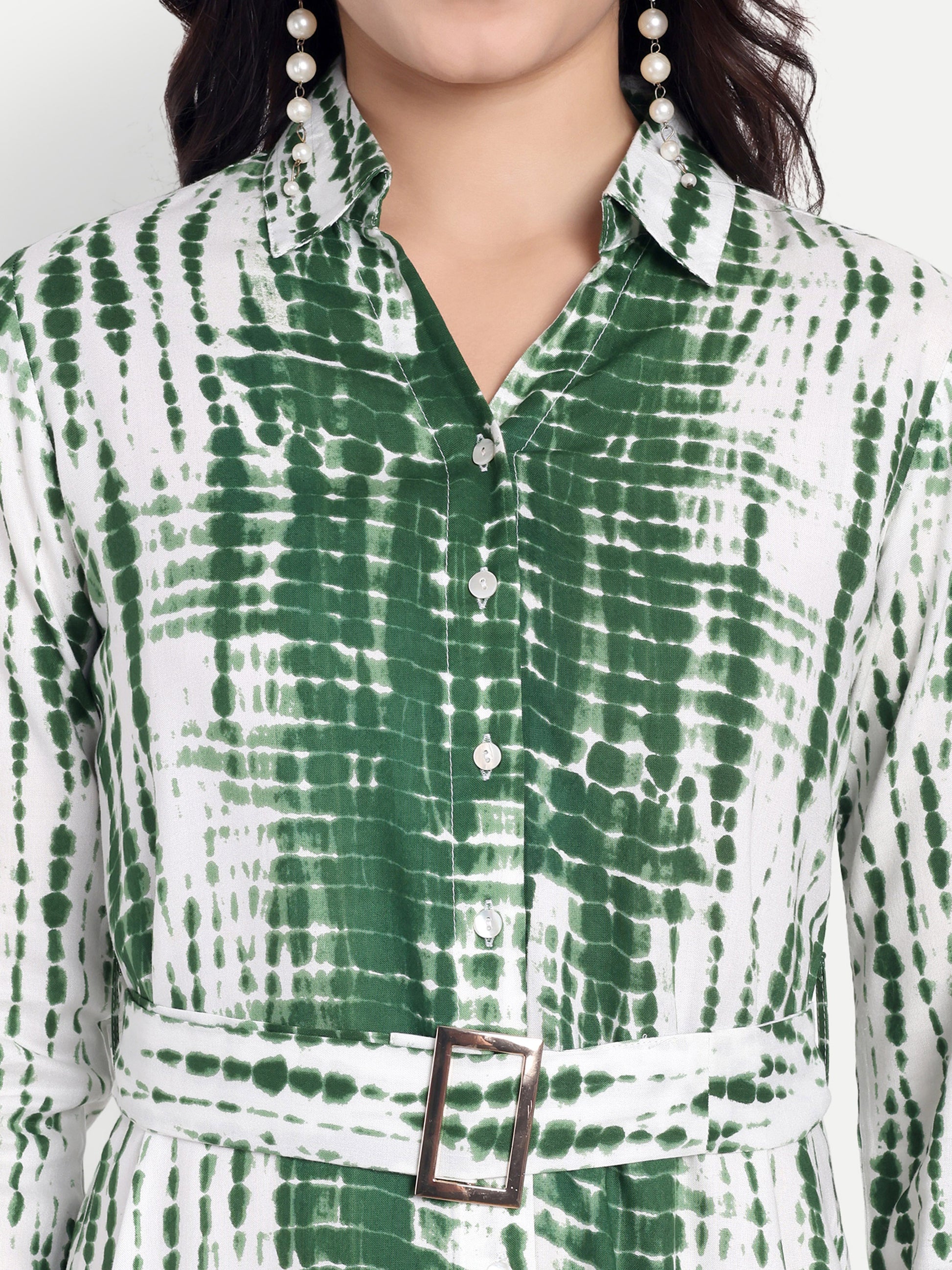 Green & White Tie-Dye Shirt Dress with Belt