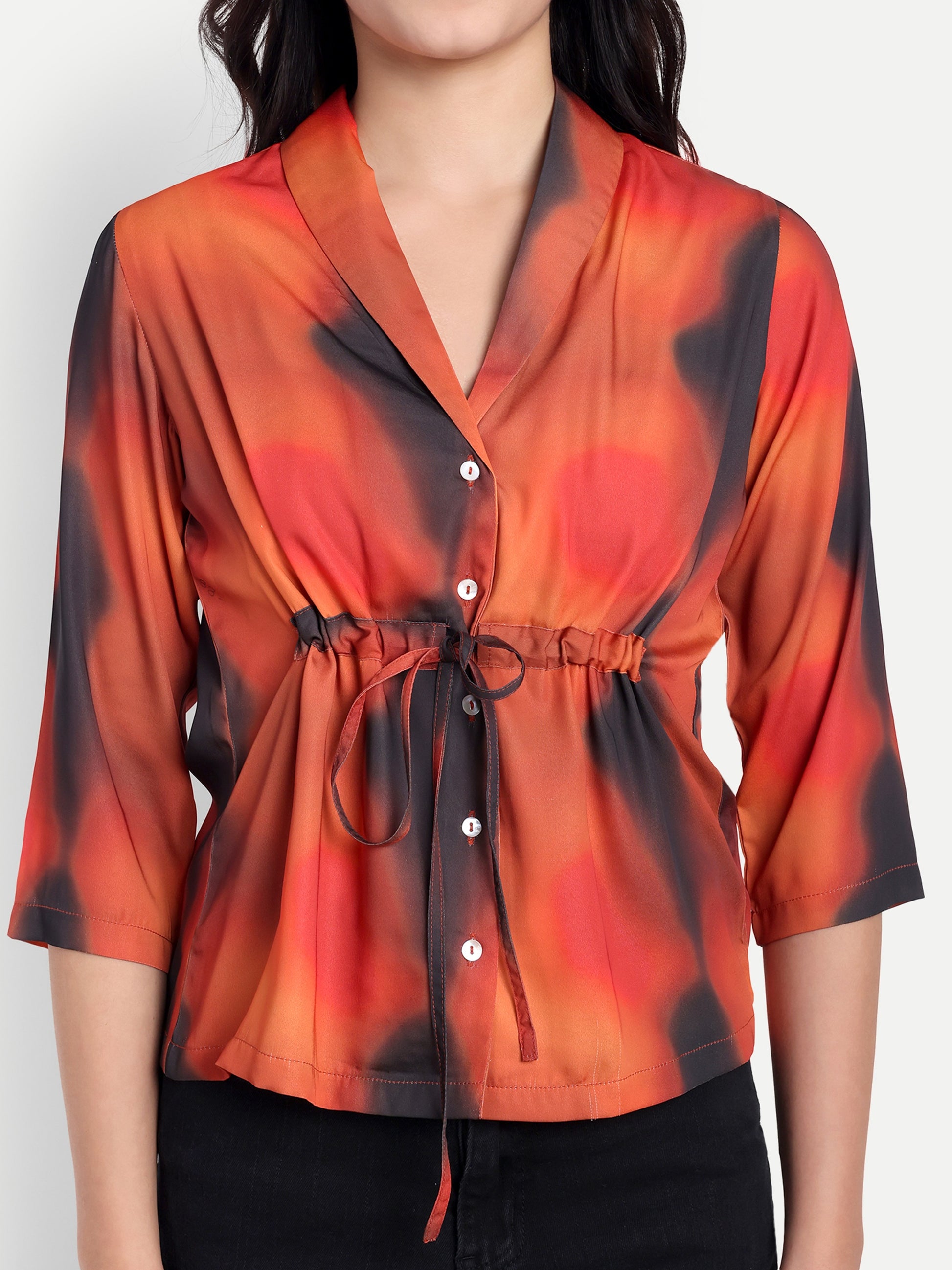 FairLeaf Women's Red Collar Top with Button – |100% Pure Cotton| Lightweight Relaxed Fit Floral Print