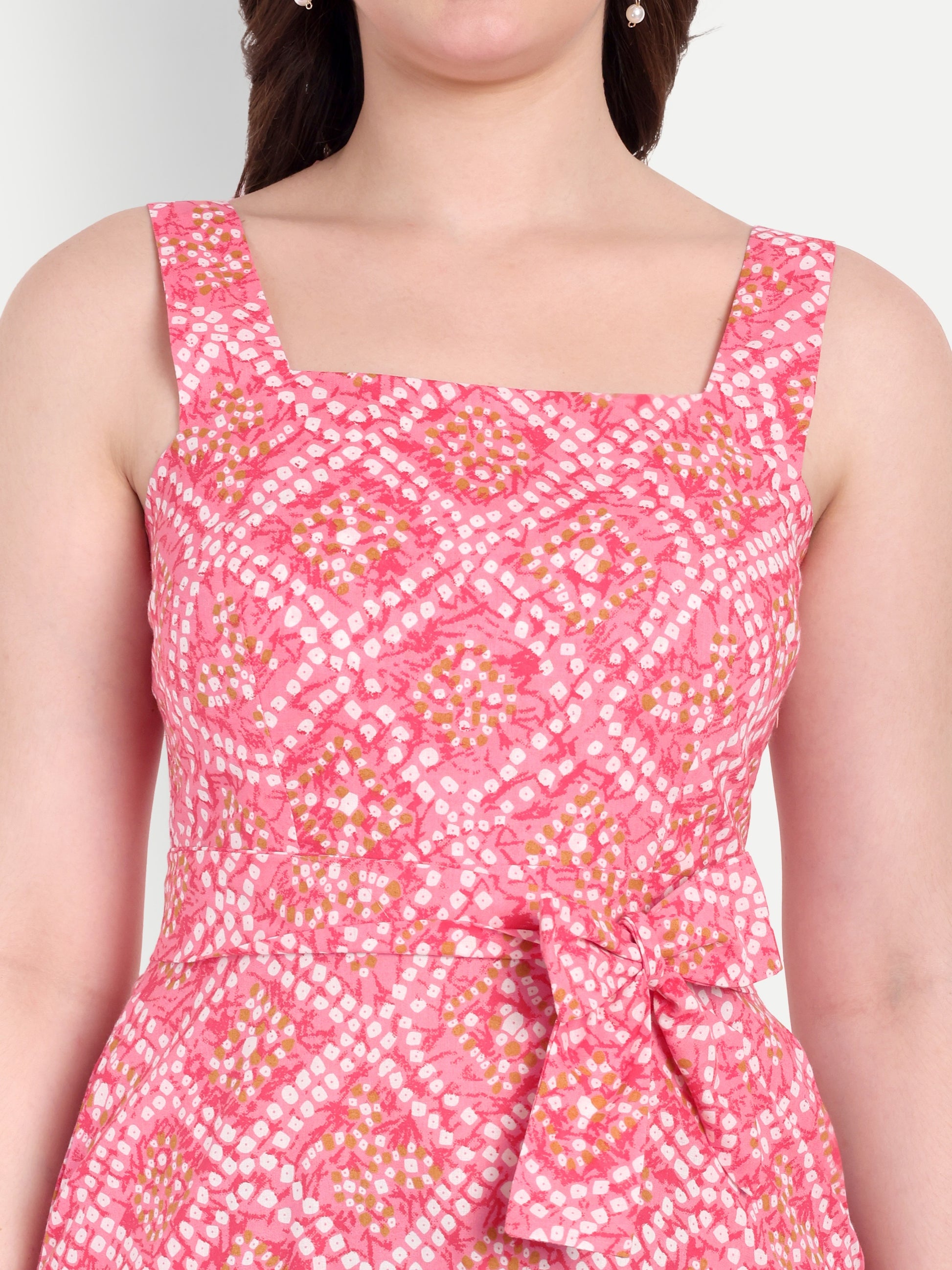 Women's Pink Floral Halter Neck Top with Waist Tie | Sleeveless Casual Wear