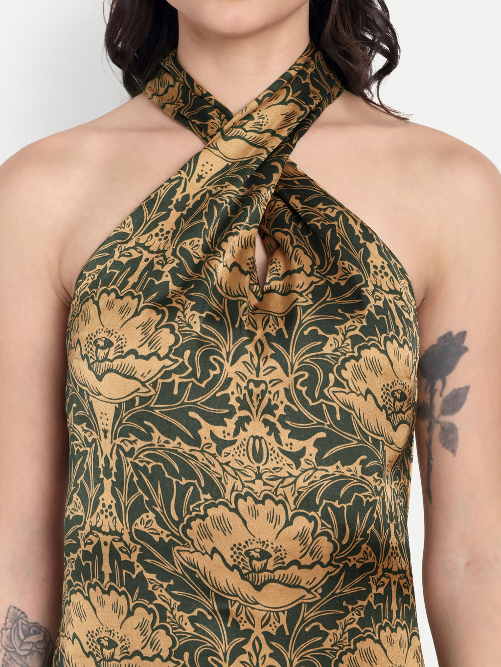 Women's Green & Gold Floral Halter Neck Midi Dress | Elegant Sleeveless Party Wear