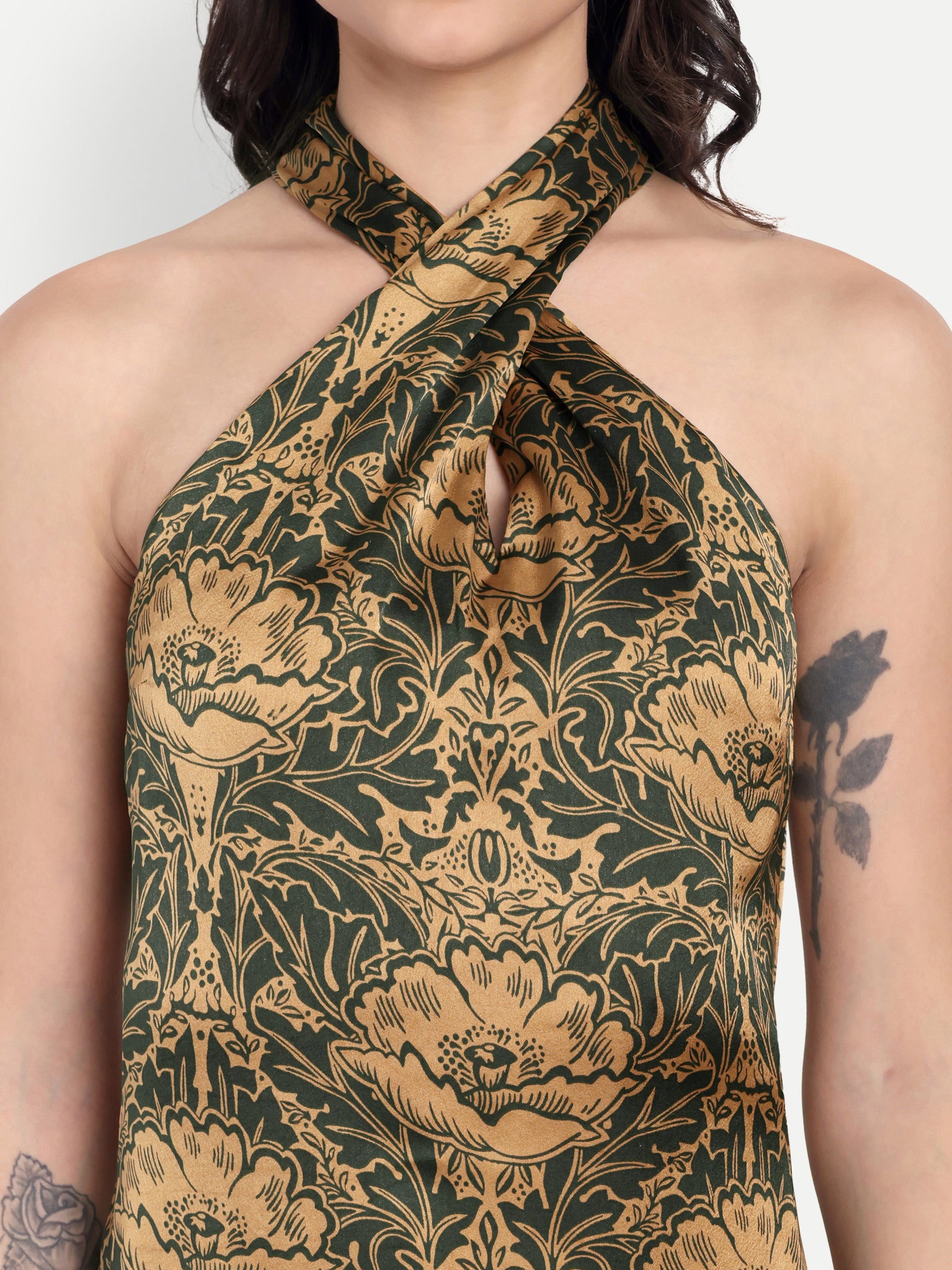 Women's Green & Gold Floral Halter Neck Midi Dress | Elegant Sleeveless Party Wear