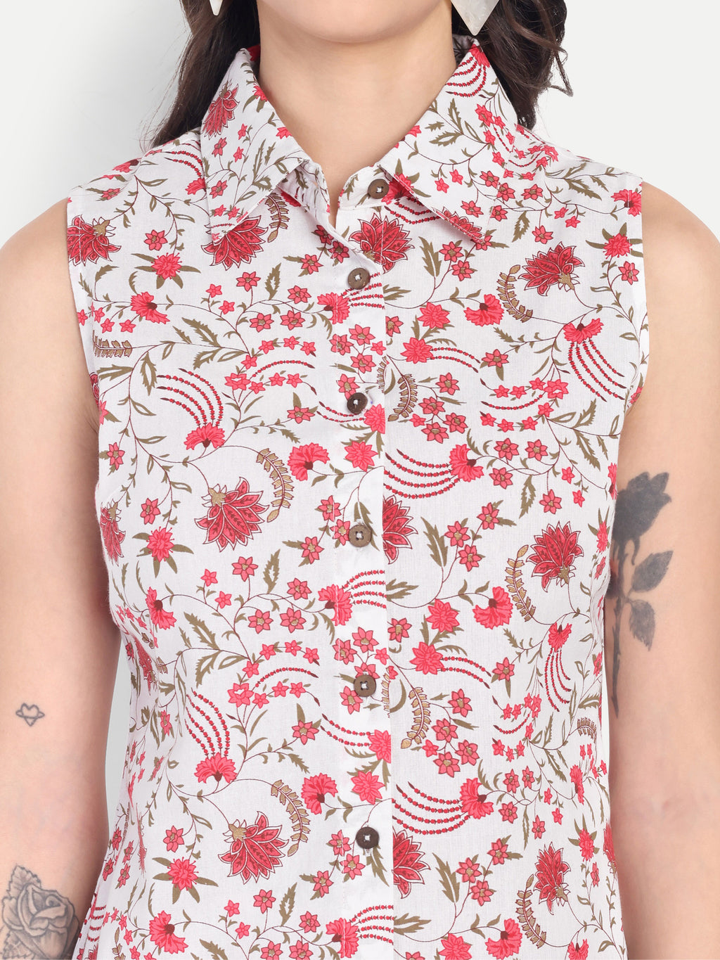 Women's White & Red Floral Sleeveless Shirt with Pink Printed Wide-Leg Pants | Comfortable Summer Co-ord Set