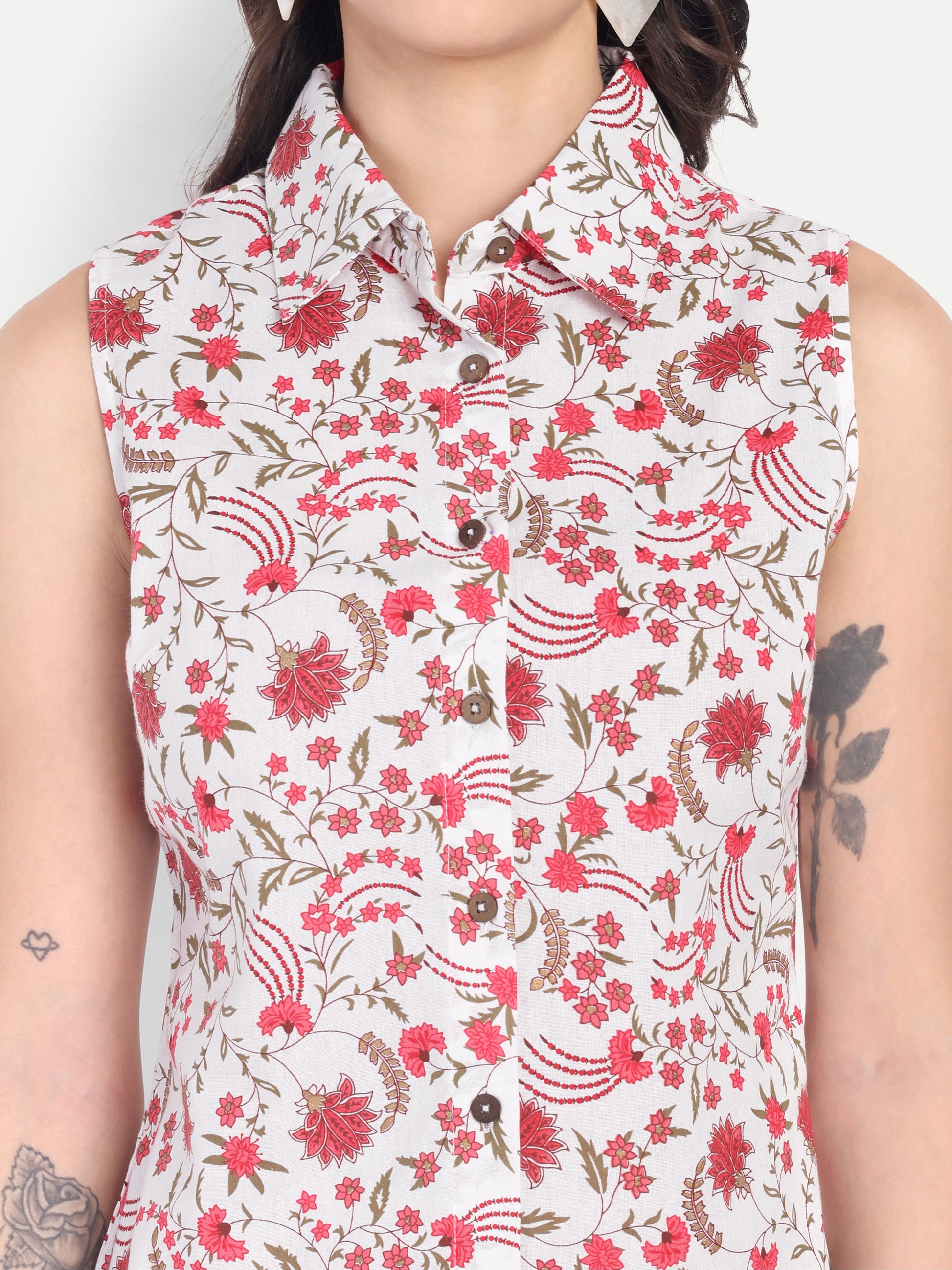 Women's White & Red Floral Sleeveless Shirt with Pink Printed Wide-Leg Pants | Comfortable Summer Co-ord Set
