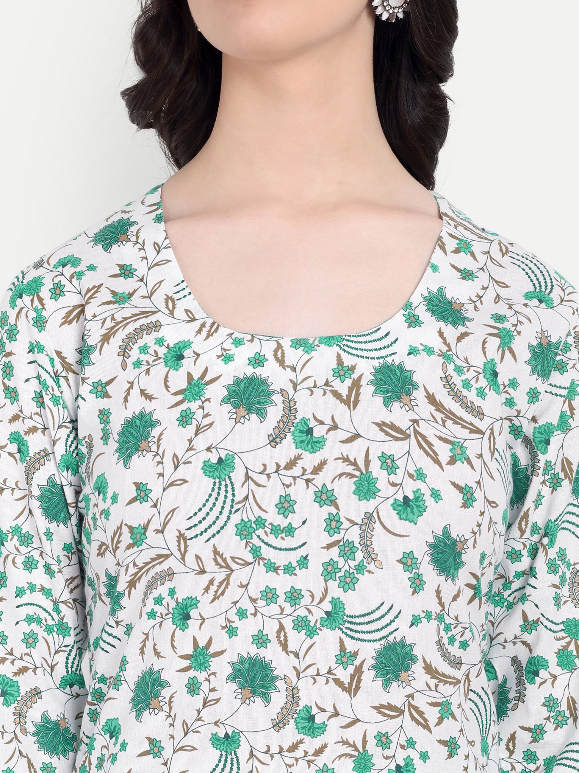 Women's White & Green Floral Printed Kurta with Straight Pants | Cotton Blend | Ethnic Wear