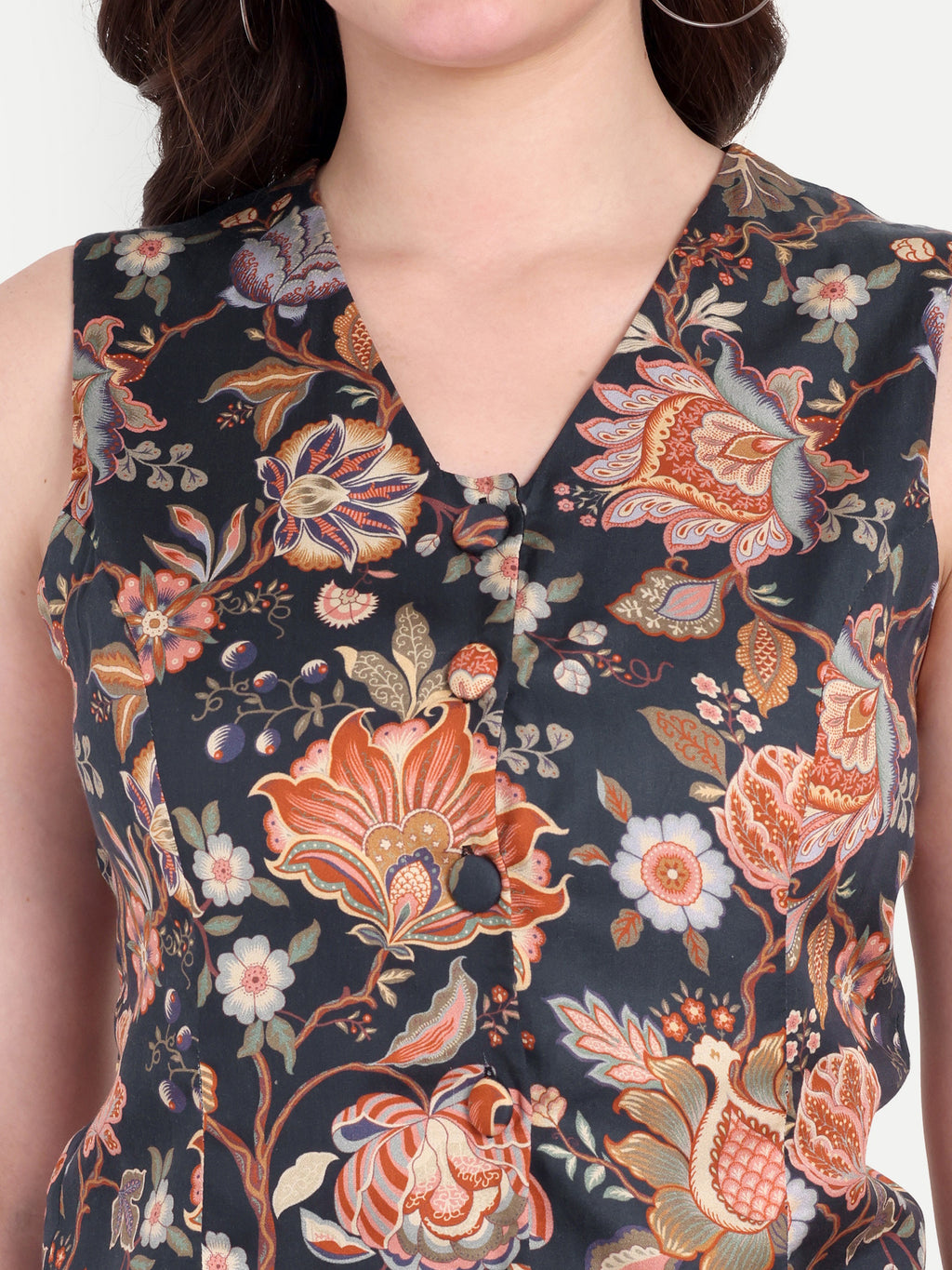 FairLeaf Women's V-Neck Sleeveless Waist Top – |100% Pure Cotton|Lightweight Relaxed Fit with Abstract Paisley Print – Stylish Casual for Women