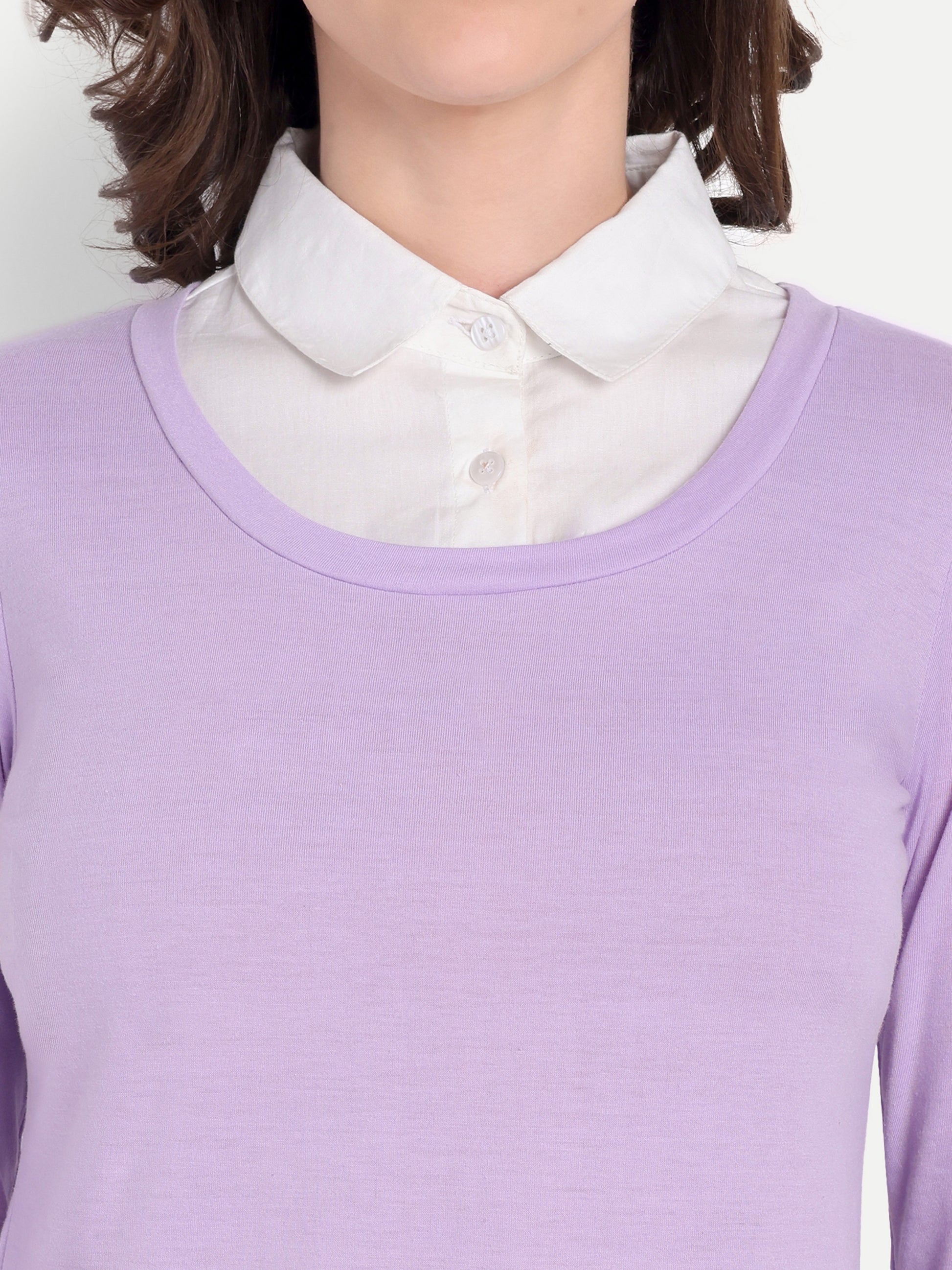 Women's Purple Layered Look Top with white Shirt Collar & 3/4 Sleeves