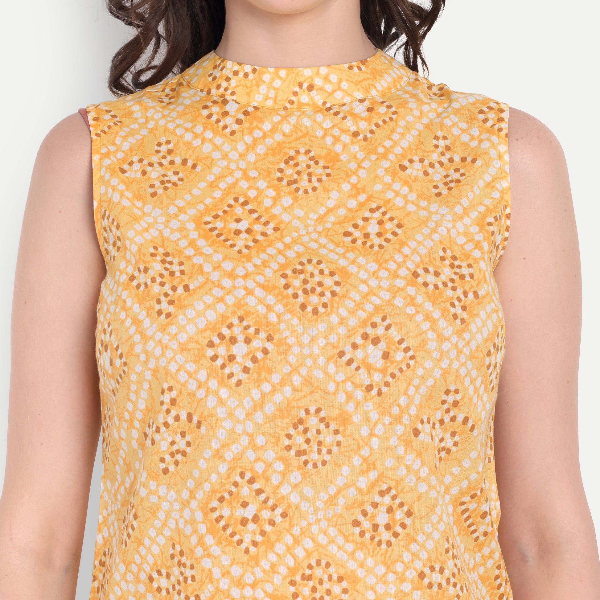 Women's Yellow Printed Sleeveless Top | High Neck | Lightweight & Stylish Summer Wear