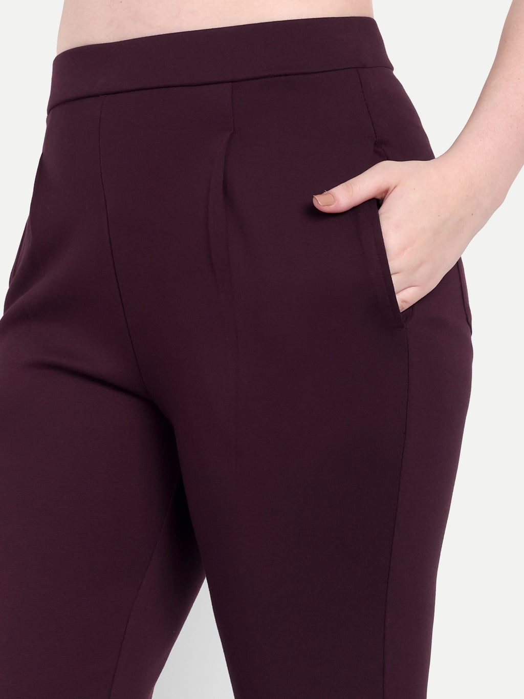 Women's Maroon Slim-Fit Cigarette Pants – Mid-Rise | Formal & Casual Wear