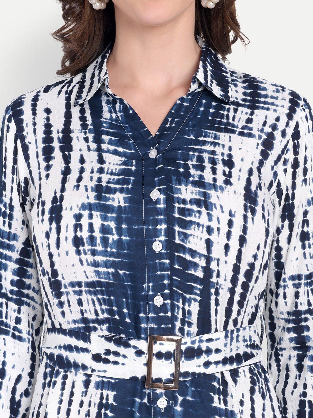 Women's Blue & White Printed Shirt Dress with Belt | Button-Down | Casual & Office Wear