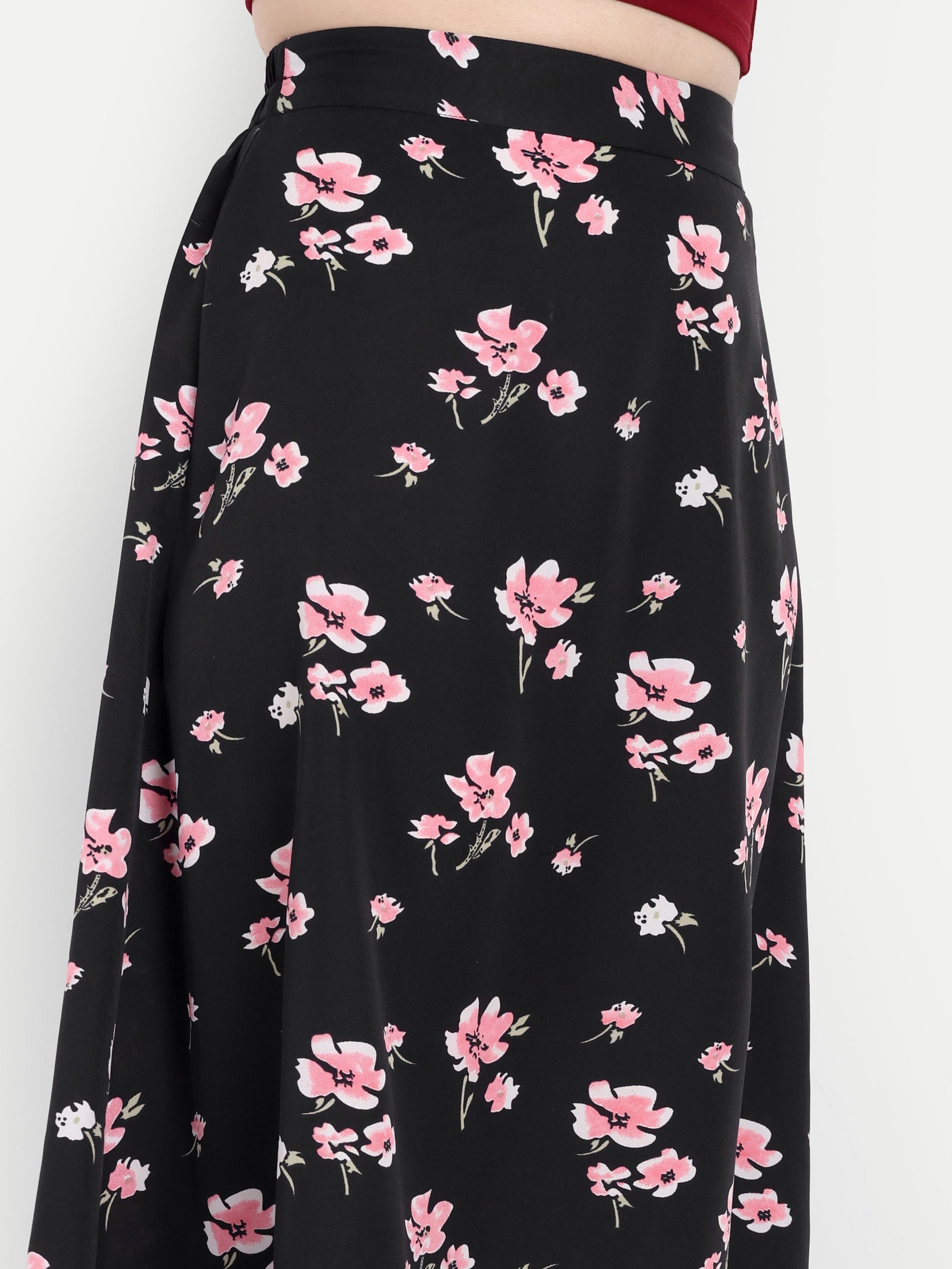 Women's Black Floral Midi Skirt | Casual & Party Wear