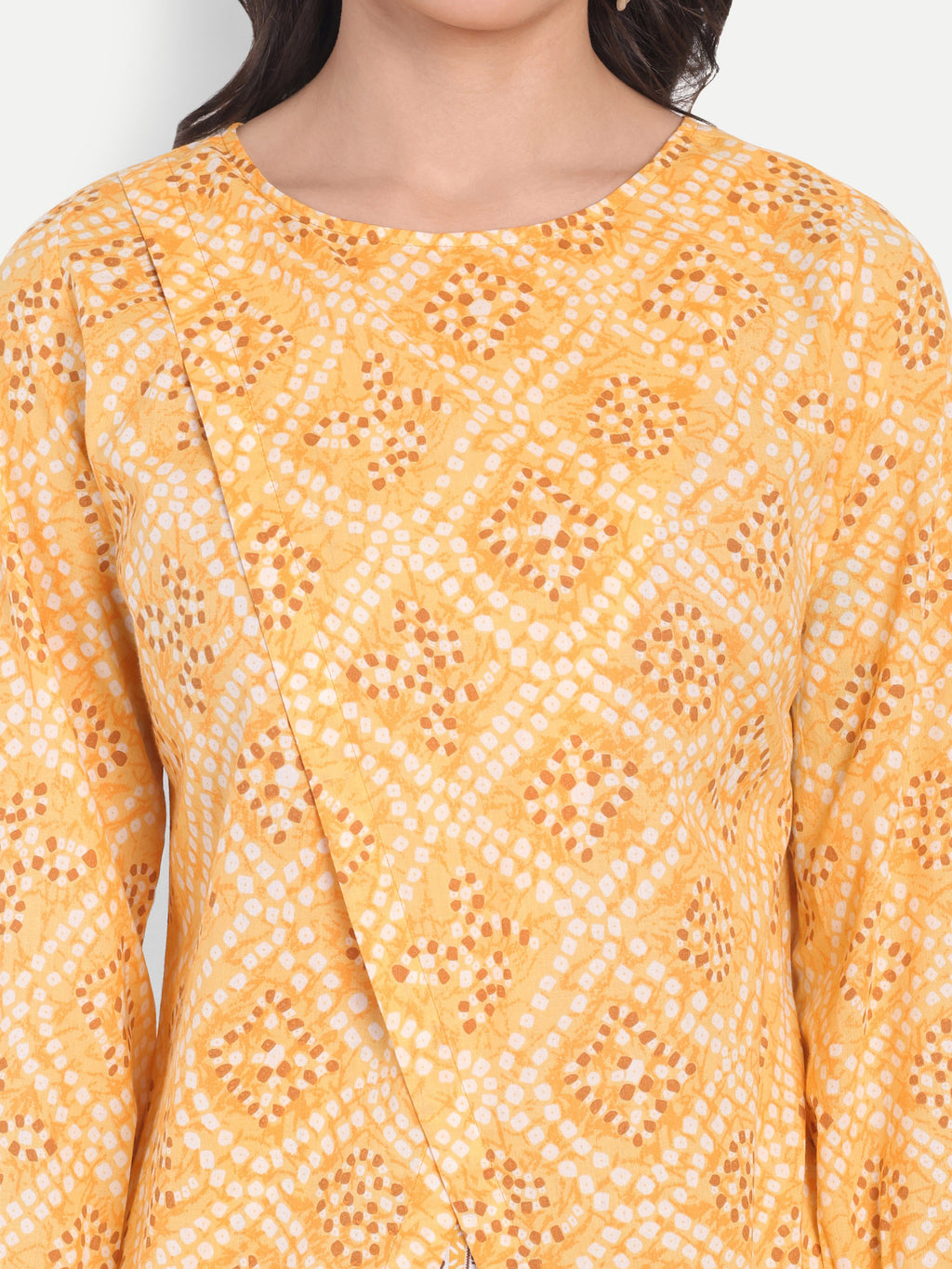 Women's Yellow Printed Ethnic Co-ord Set | Asymmetrical Long Kurta with Wide-Leg Pants