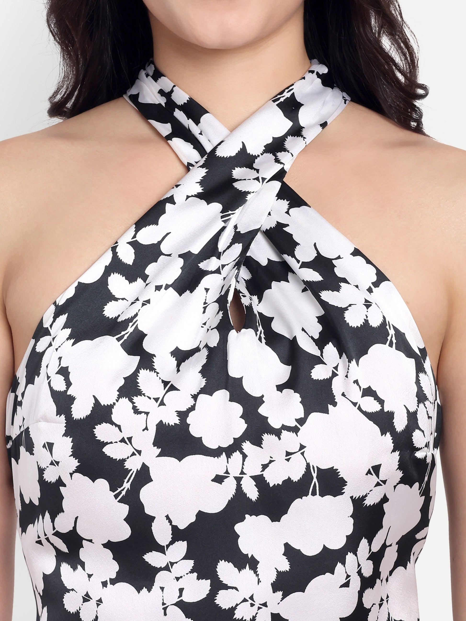 Women's Black & White Floral Halter Neck Midi Dress | Elegant Sleeveless Party Wear