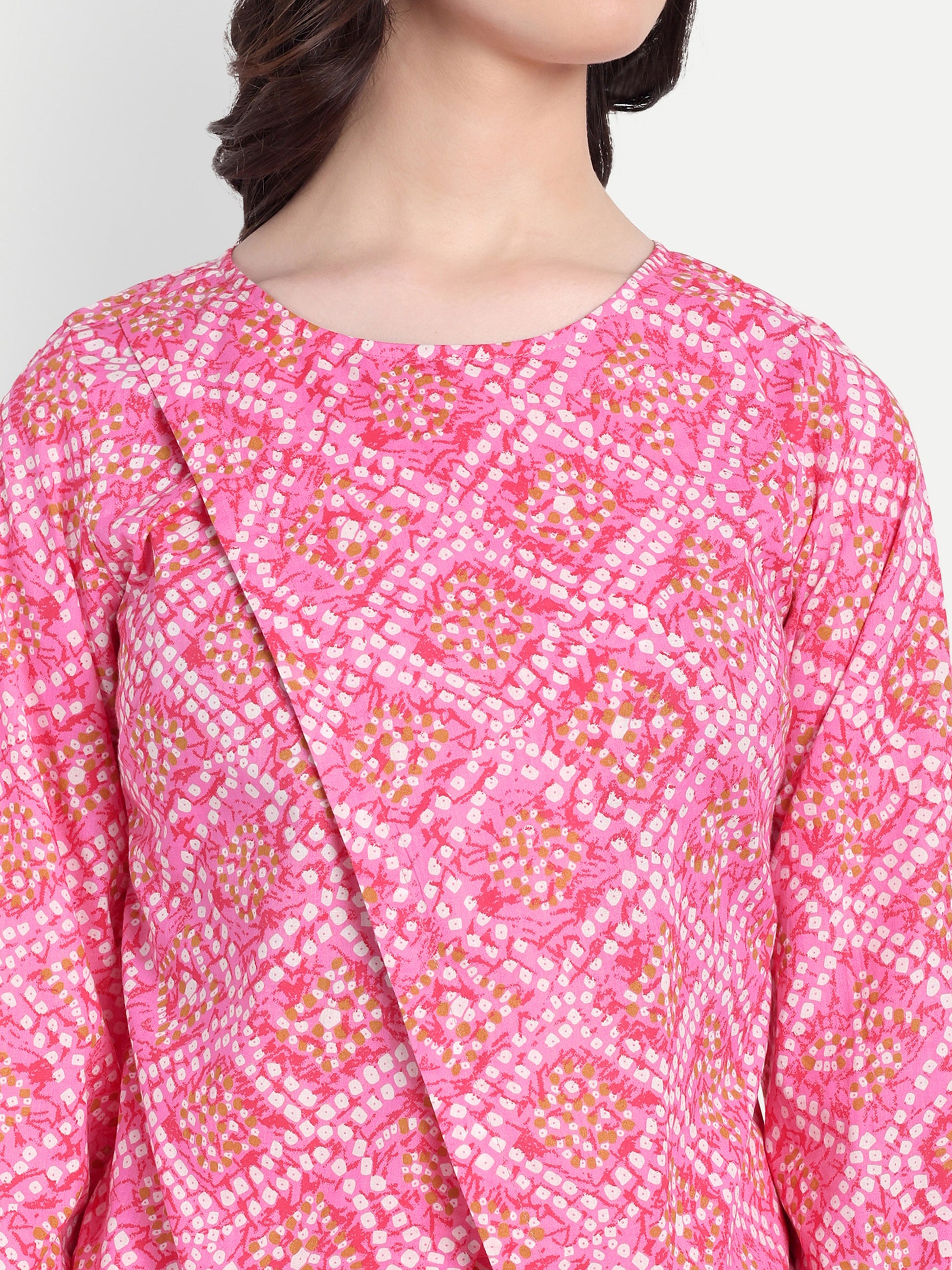 Women's Pink Printed Ethnic Co-ord Set | Asymmetrical Long Kurta with Wide-Leg Pants