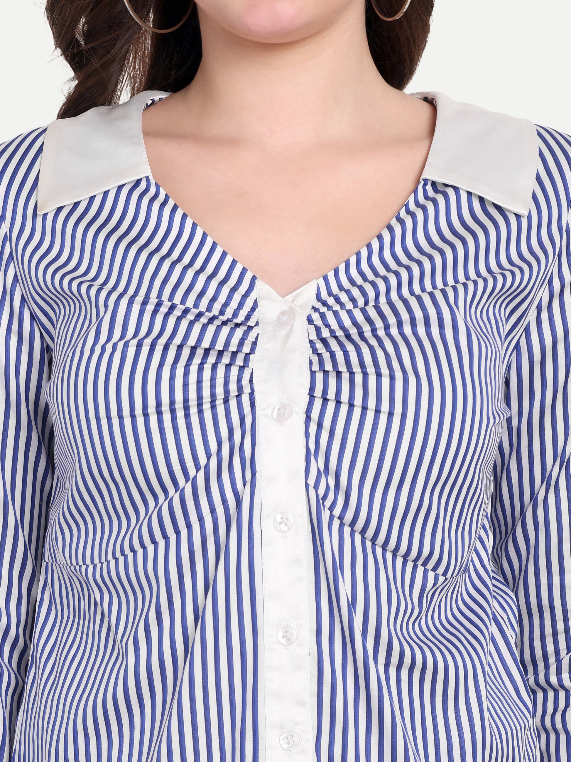 Women's Navy Blue & White Striped Button-Down Shirt – Long Sleeve | Smart Casual & Office Wear