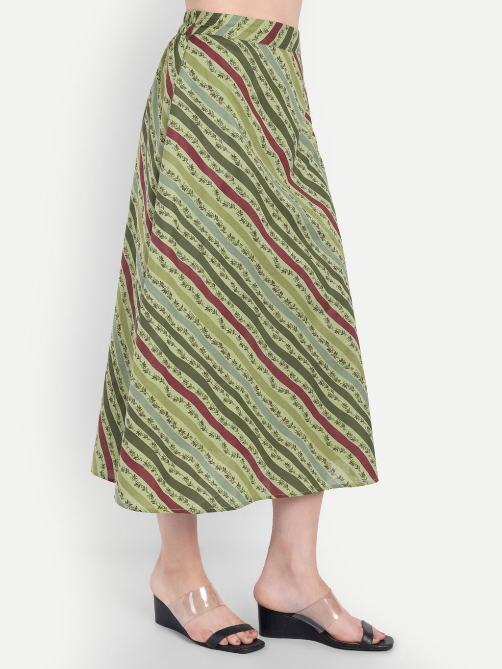 Women's Olive Striped A-Line Midi Skirt | Casual & Party Wear