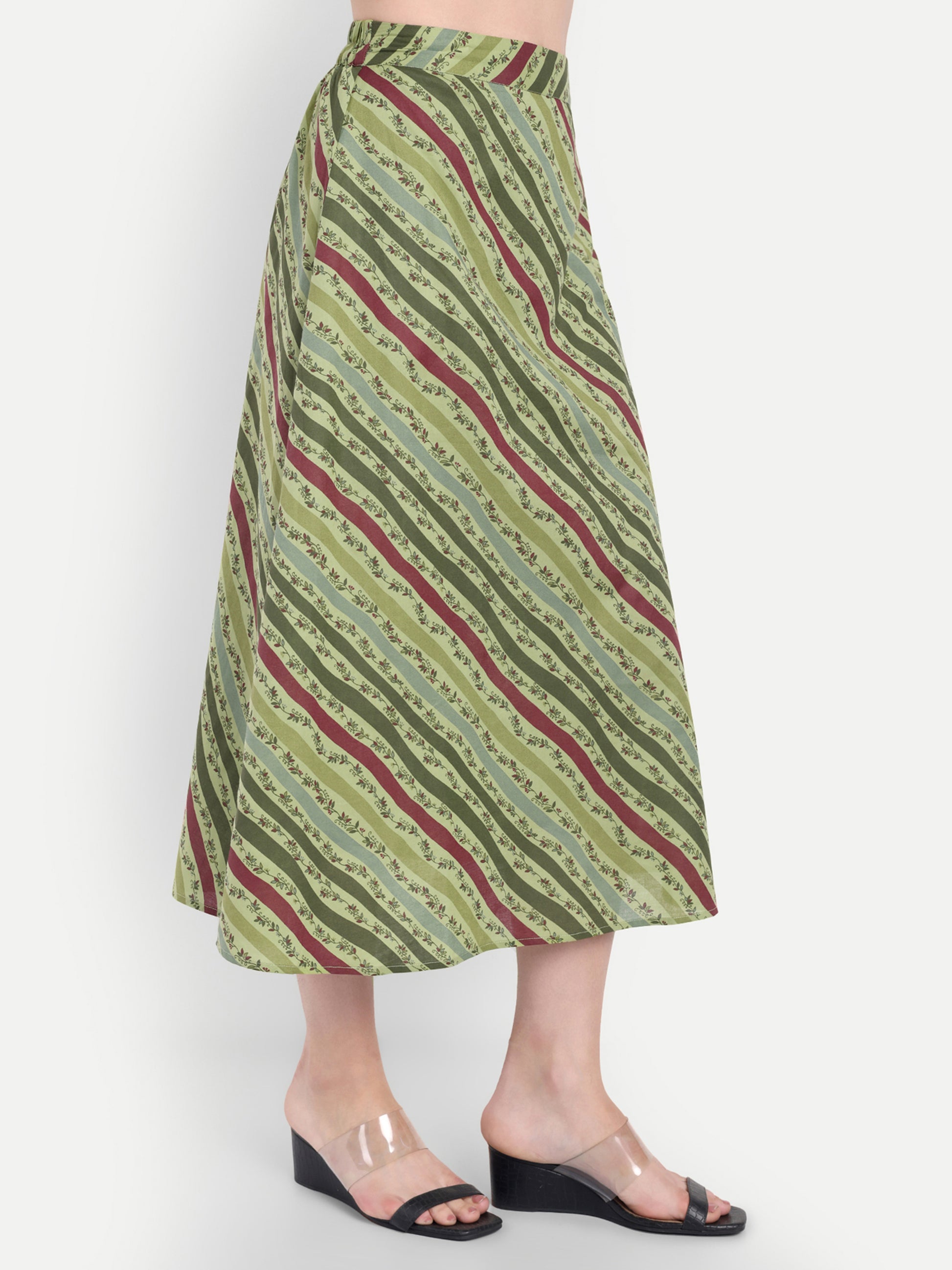 Women's Olive Striped A-Line Midi Skirt | Casual & Party Wear