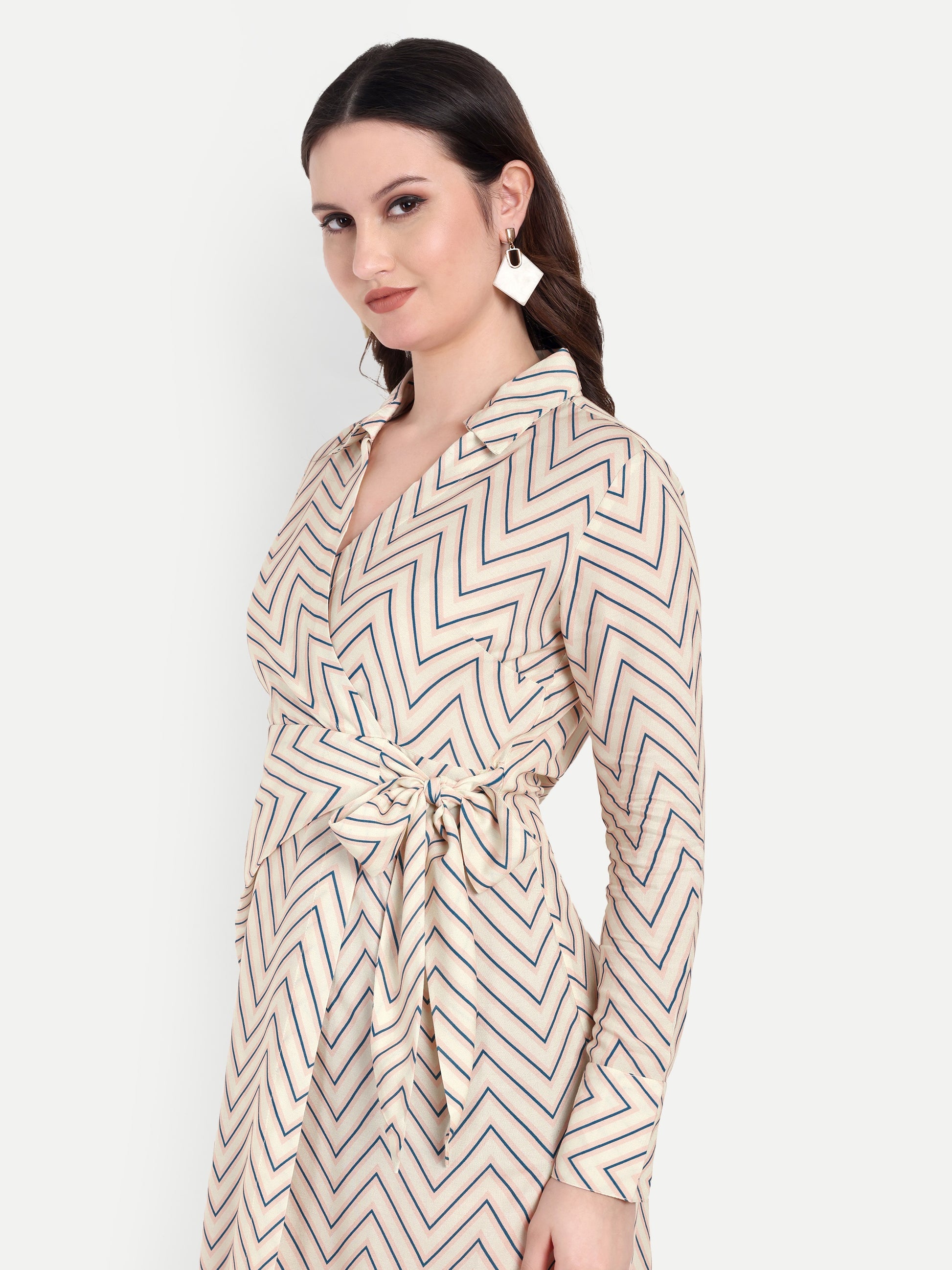 Women's Beige Chevron Print Wrap Midi Dress | Long Sleeve | Belt Tie Waist