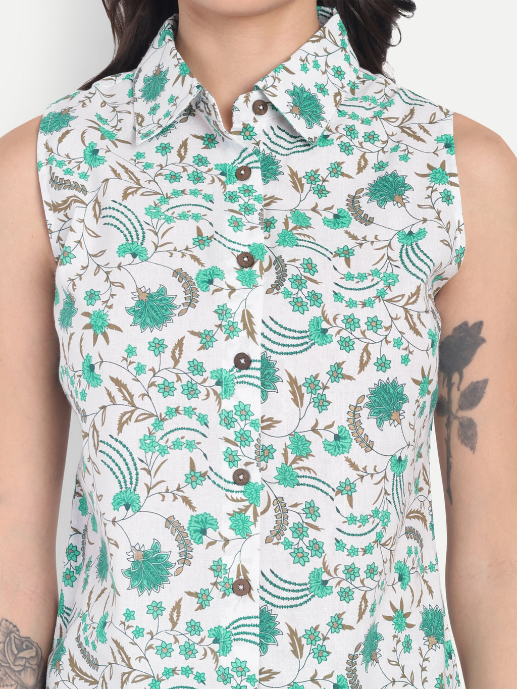 Women's White & Green Floral Sleeveless Shirt with Pink Printed Wide-Leg Pants | Comfortable Summer Co-ord Set