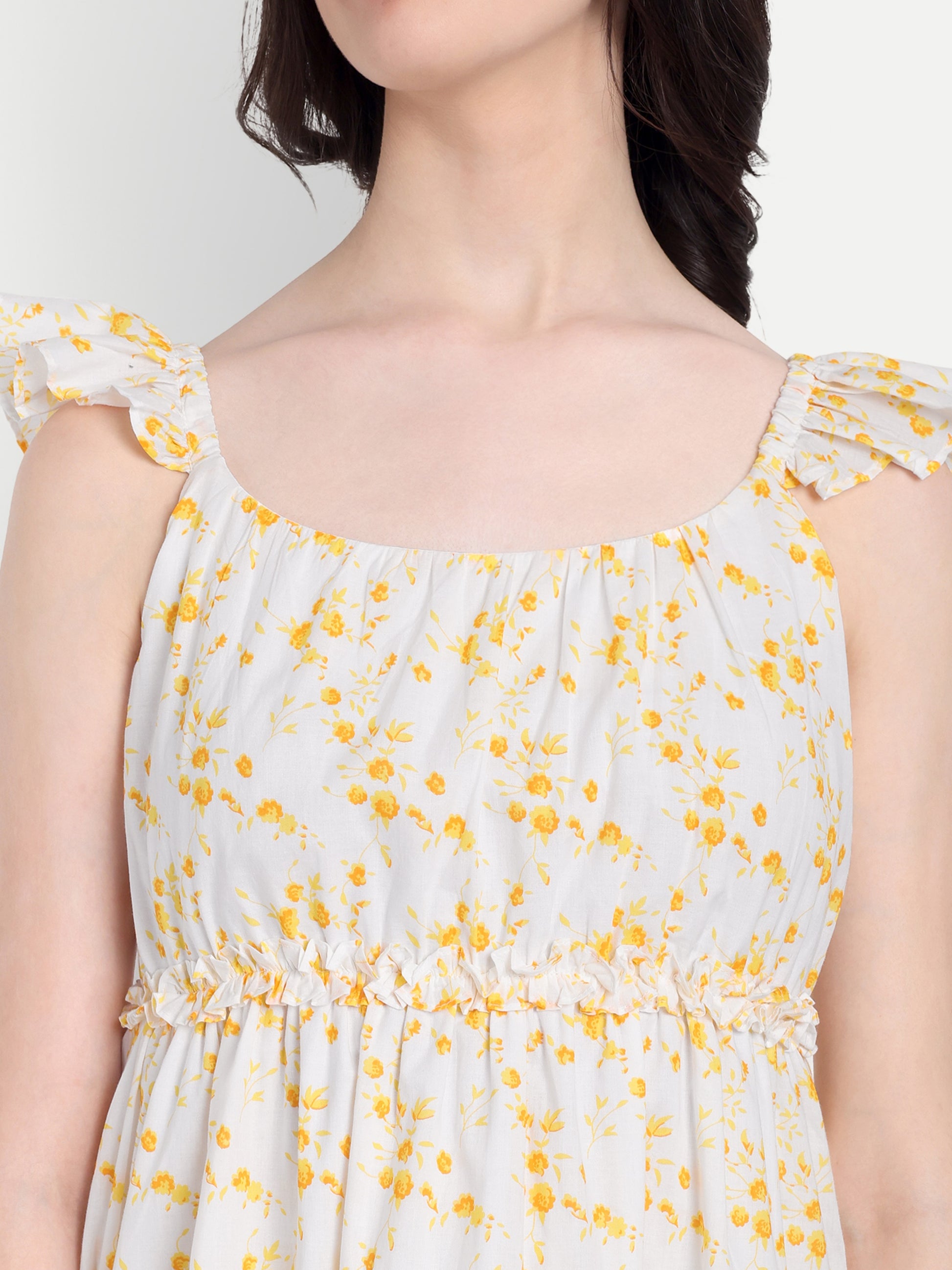 Women's Yellow Floral Midi Dress | Sleeveless Ruffle Straps | Elegant Casual & Summer Wear