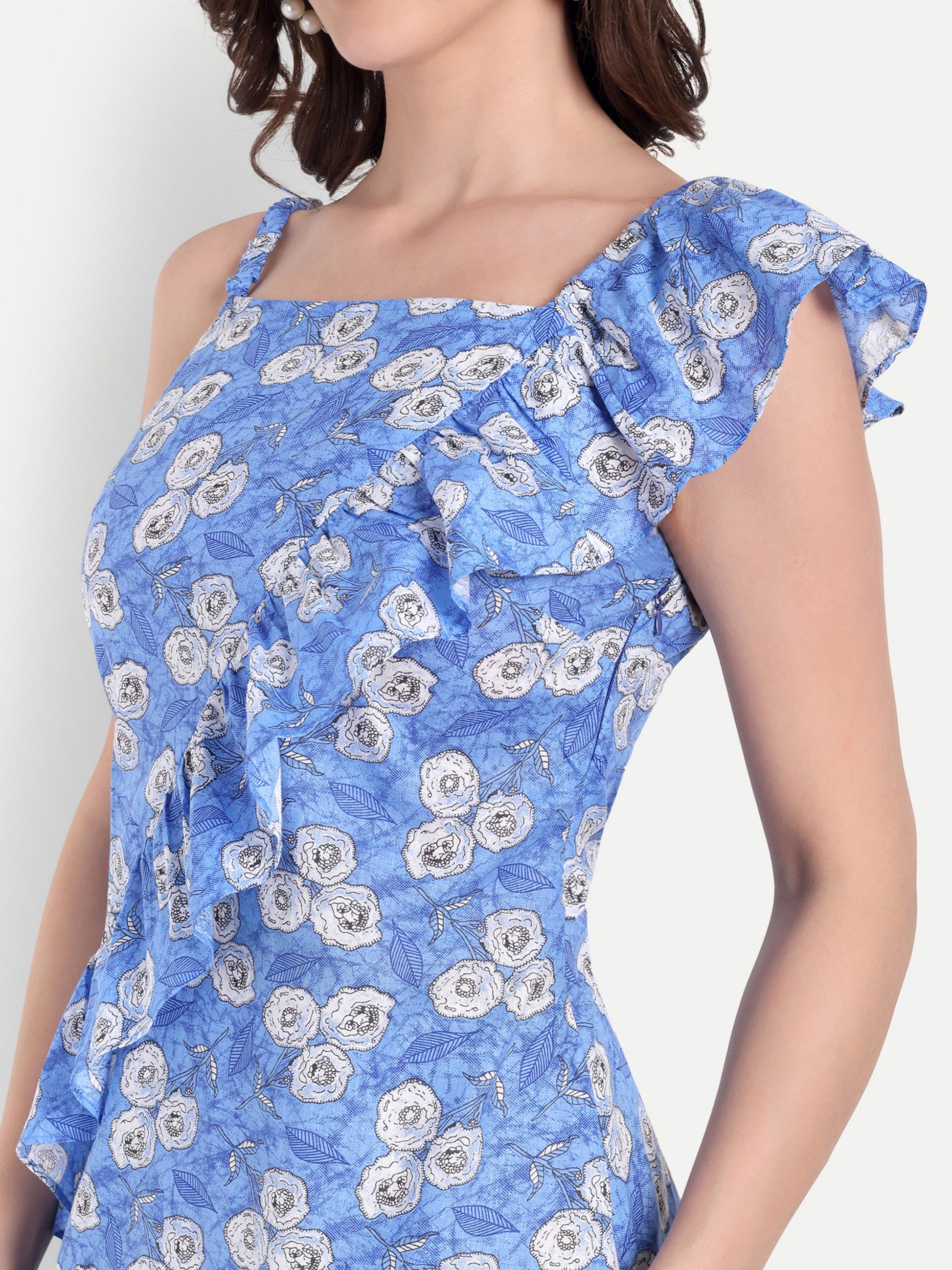 Women's Blue Printed One-Shoulder Ruffle Dress | Sleeveless | Stylish Summer & Party Wear