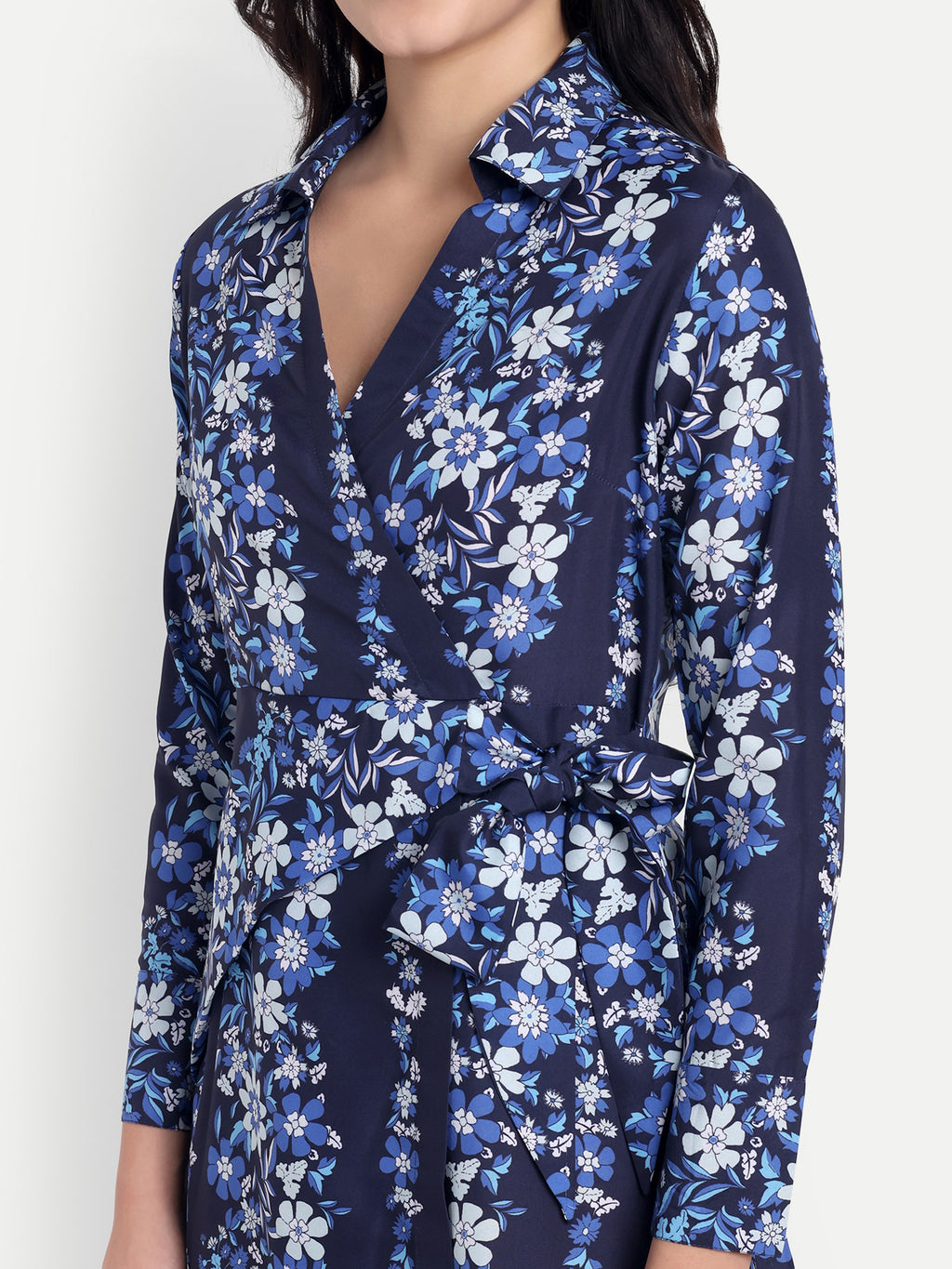 Women's  Blue Floral Dress | Long Sleeve | Belt Tie Waist