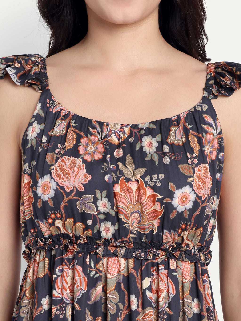 Women's Black Floral Midi Dress | Sleeveless Ruffle Straps | Elegant Casual & Summer Wear