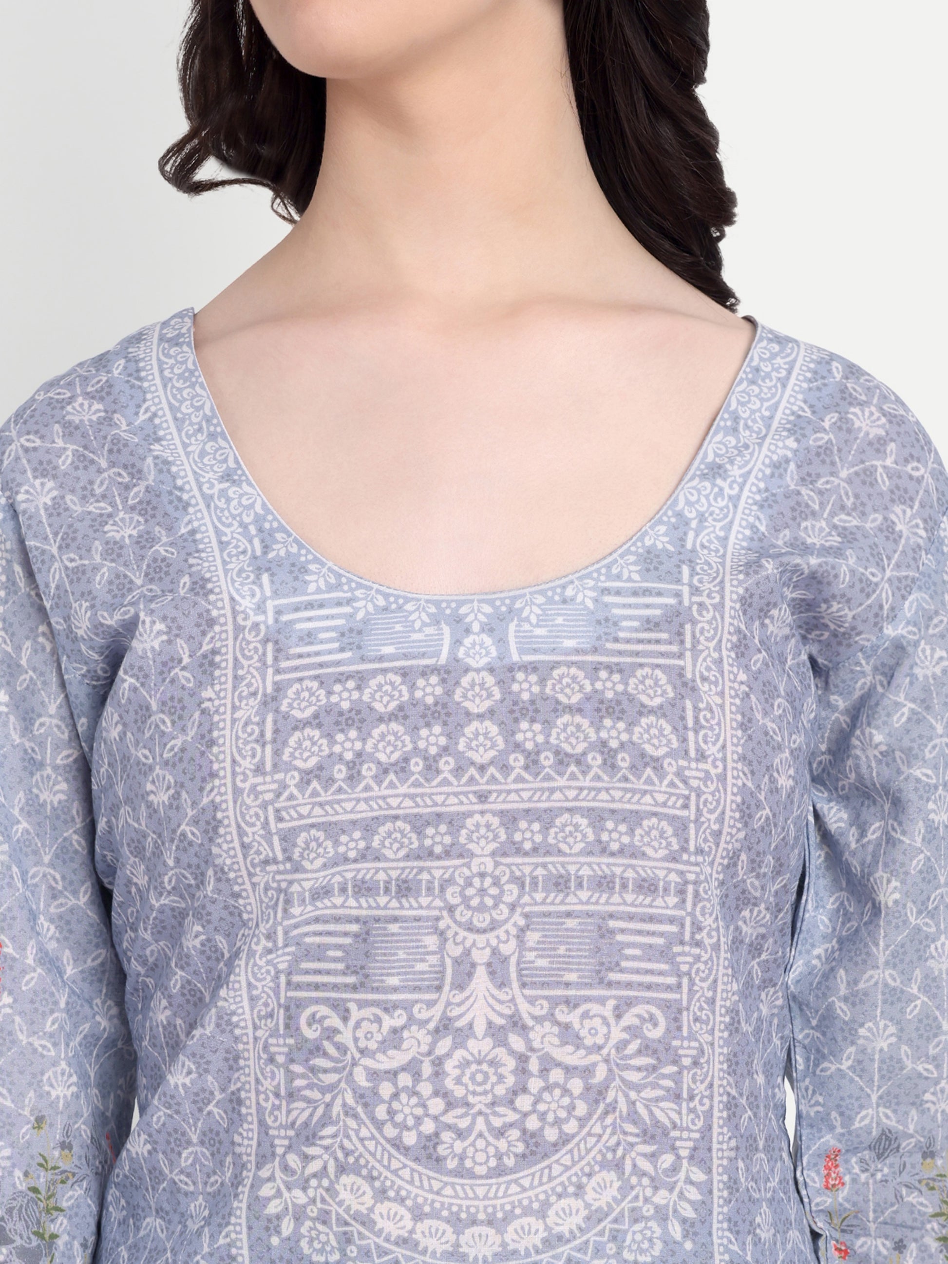 Women's Grey And White Floral Printed Kurta with Straight Pants | Cotton Blend | Ethnic Wear