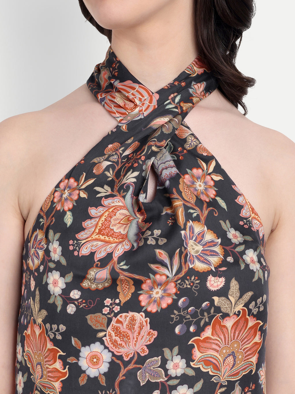 Women's Black Floral Halter Neck Midi Dress | Sleeveless Summer Dress