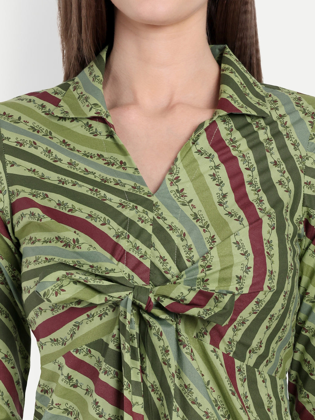 Women's Olive Striped Knee-Length Dress | Front Knot Detail | Casual & Party Wear