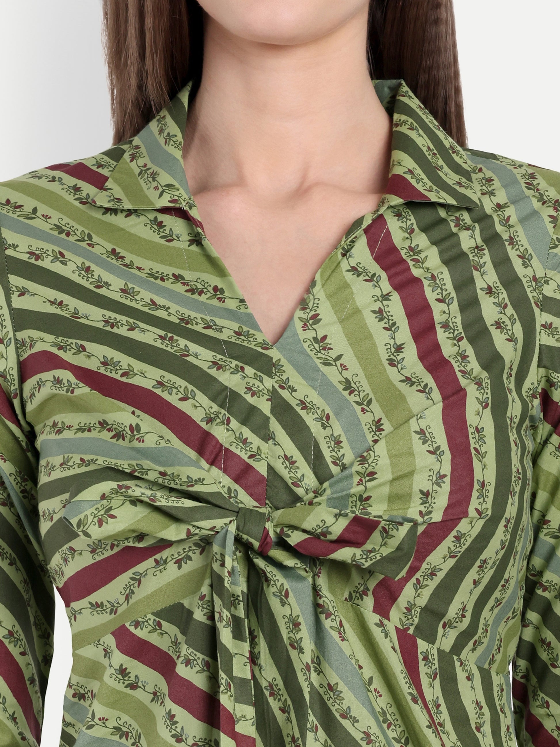 Women's Olive Striped Knee-Length Dress | Front Knot Detail | Casual & Party Wear