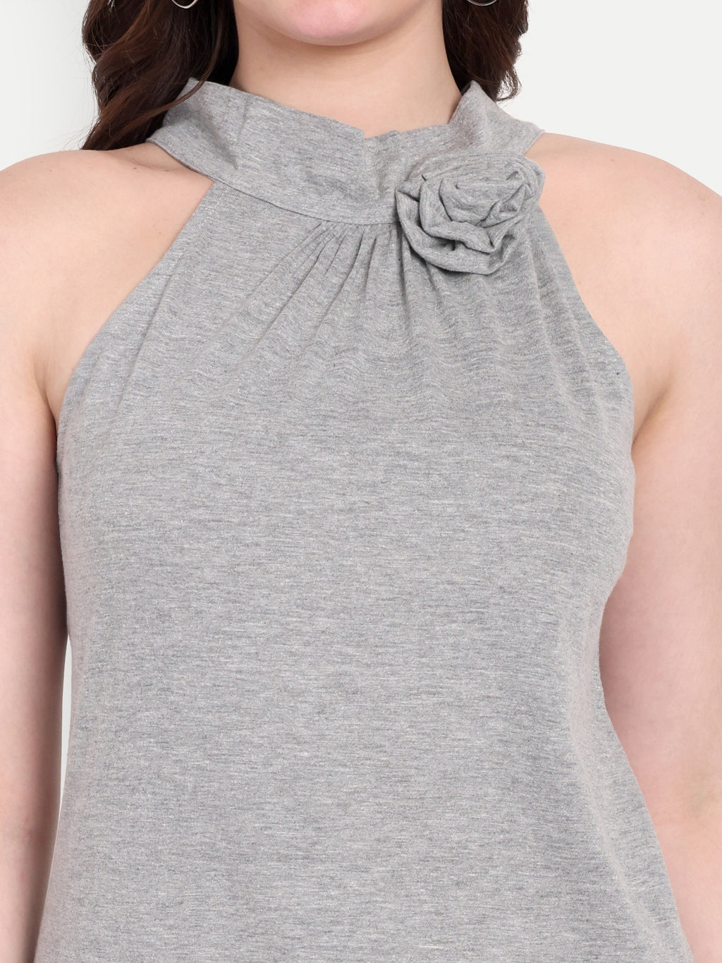 Women's Grey Floral Halter Neck Sleeveless Top | Casual & Party Wear