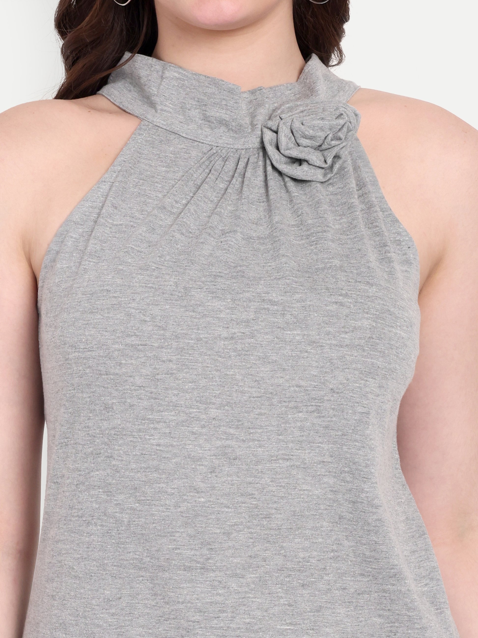 Women's Grey Floral Halter Neck Sleeveless Top | Casual & Party Wear