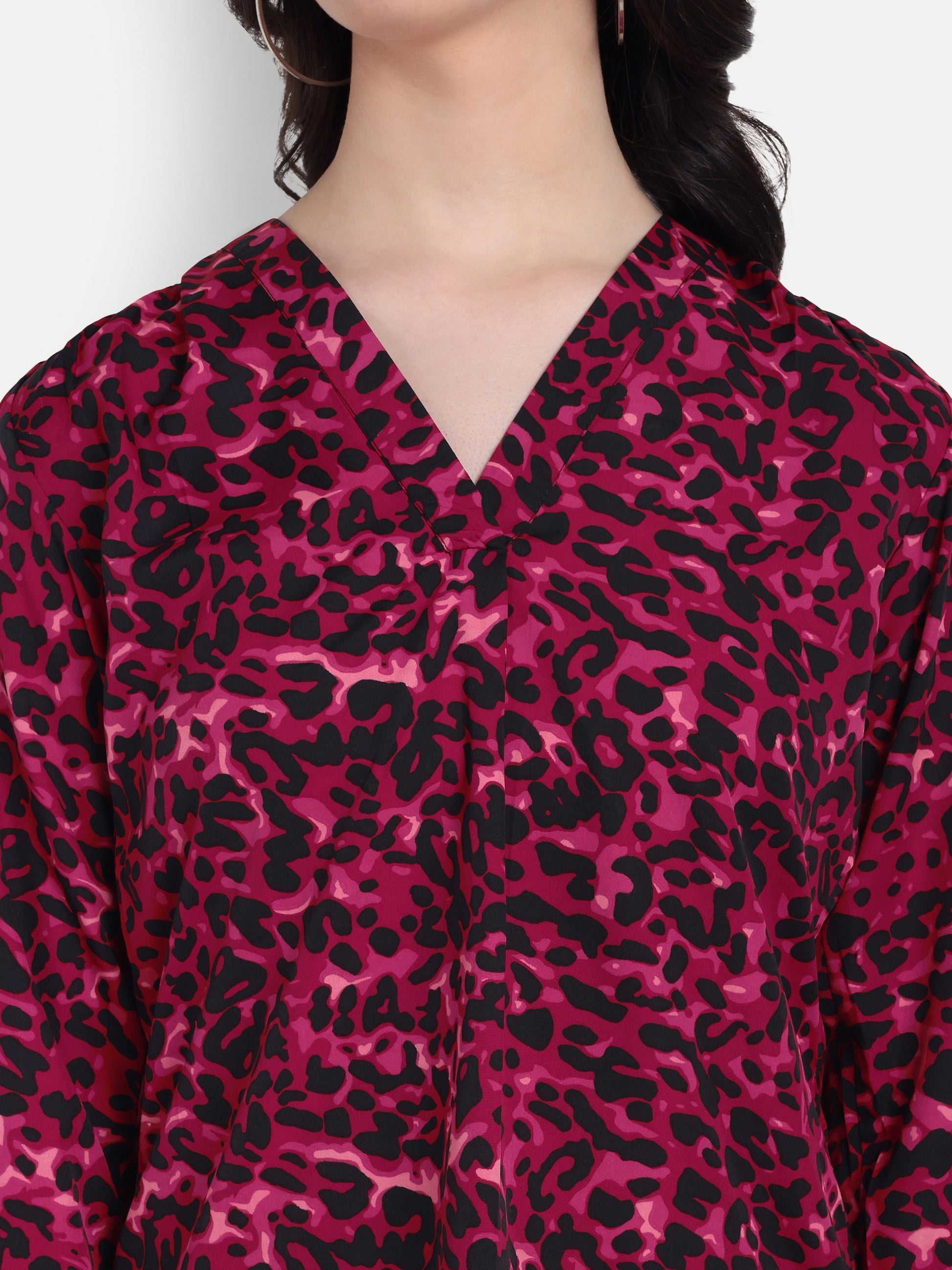 Women's Magenta & Black Animal Print V-Neck Top | 3/4 Sleeves | Stylish Casual & Party Wear