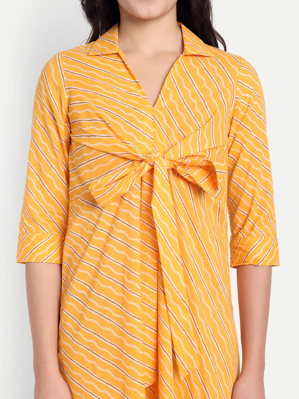 Women's Orange Striped Knee-Length Dress | Front Knot Detail | Casual & Party Wear