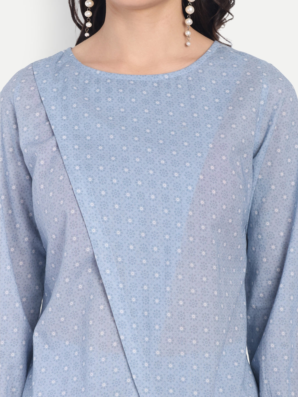 Women's Blue Dotted Printed Ethnic Co-ord Set | Asymmetrical Long Kurta with Wide-Leg Pants