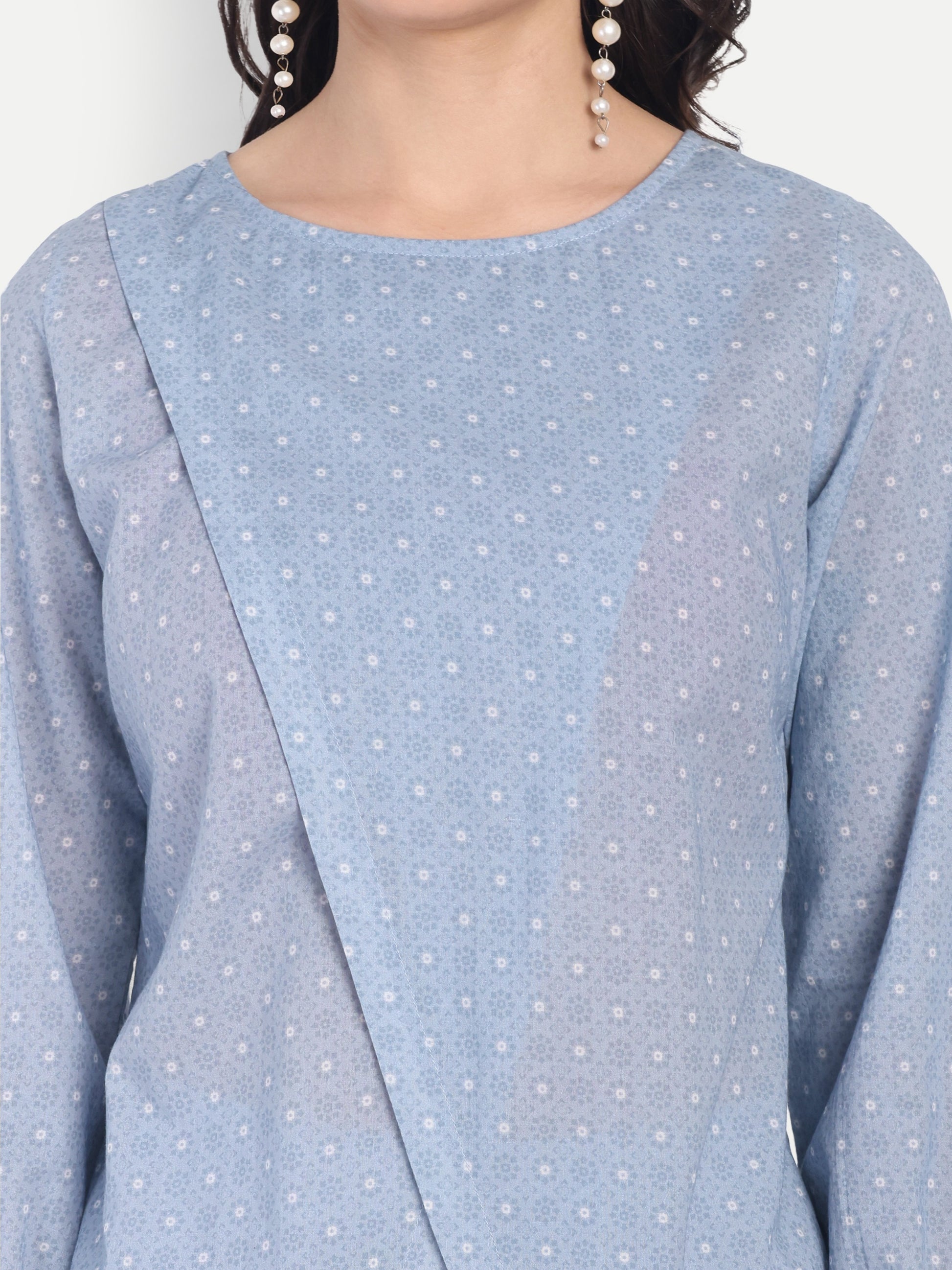 Women's Blue Dotted Printed Ethnic Co-ord Set | Asymmetrical Long Kurta with Wide-Leg Pants