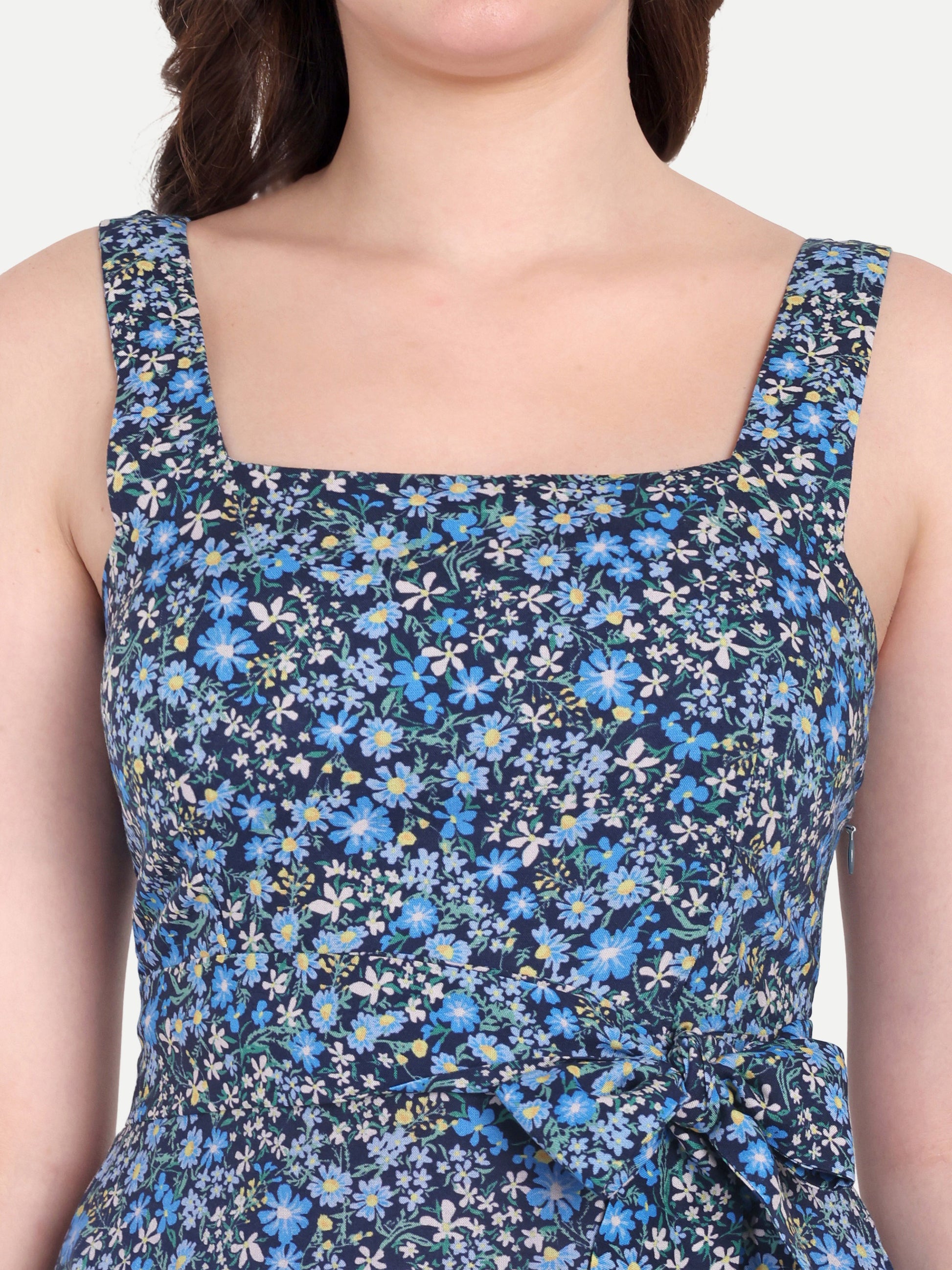 Women's Blue Floral Midi Dress with Square Neck & Side Pockets | Summer Casual Wear