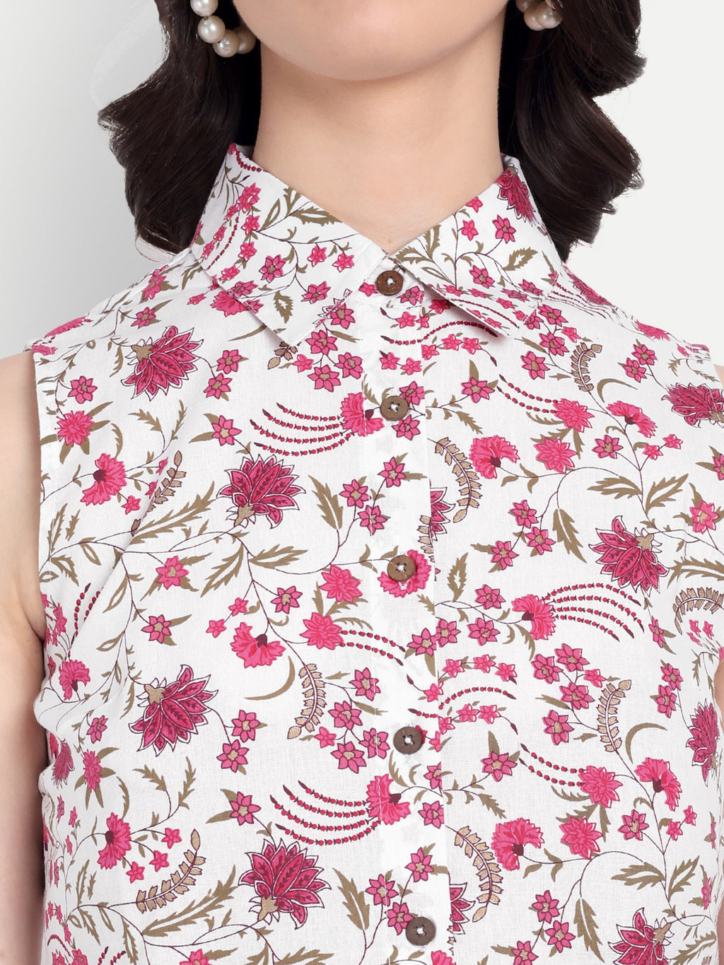 Women's Pink Floral Sleeveless Shirt with Pink Printed Wide-Leg Pants | Comfortable Summer Co-ord Sets