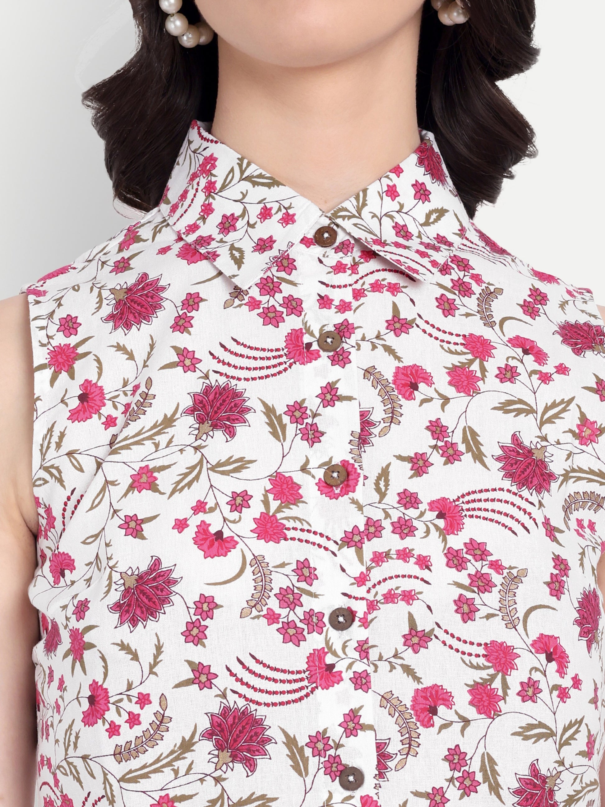 Women's Pink Floral Sleeveless Shirt with Pink Printed Wide-Leg Pants | Comfortable Summer Co-ord Sets