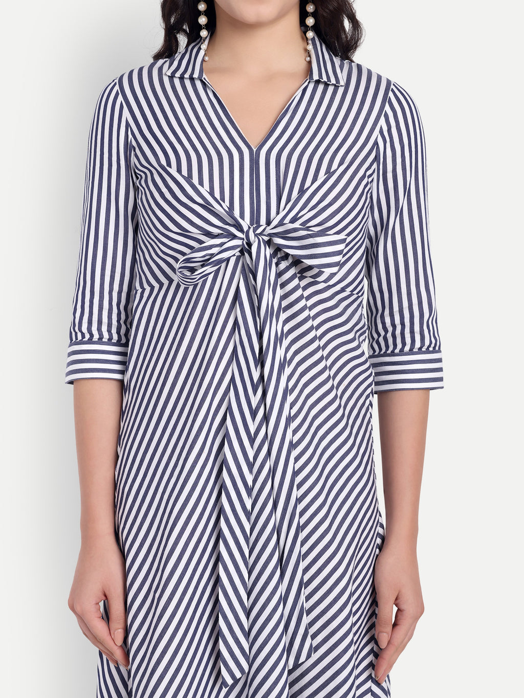 Women's Black and White Striped Knee-Length Dress | Front Knot Detail | Casual & Party Wear